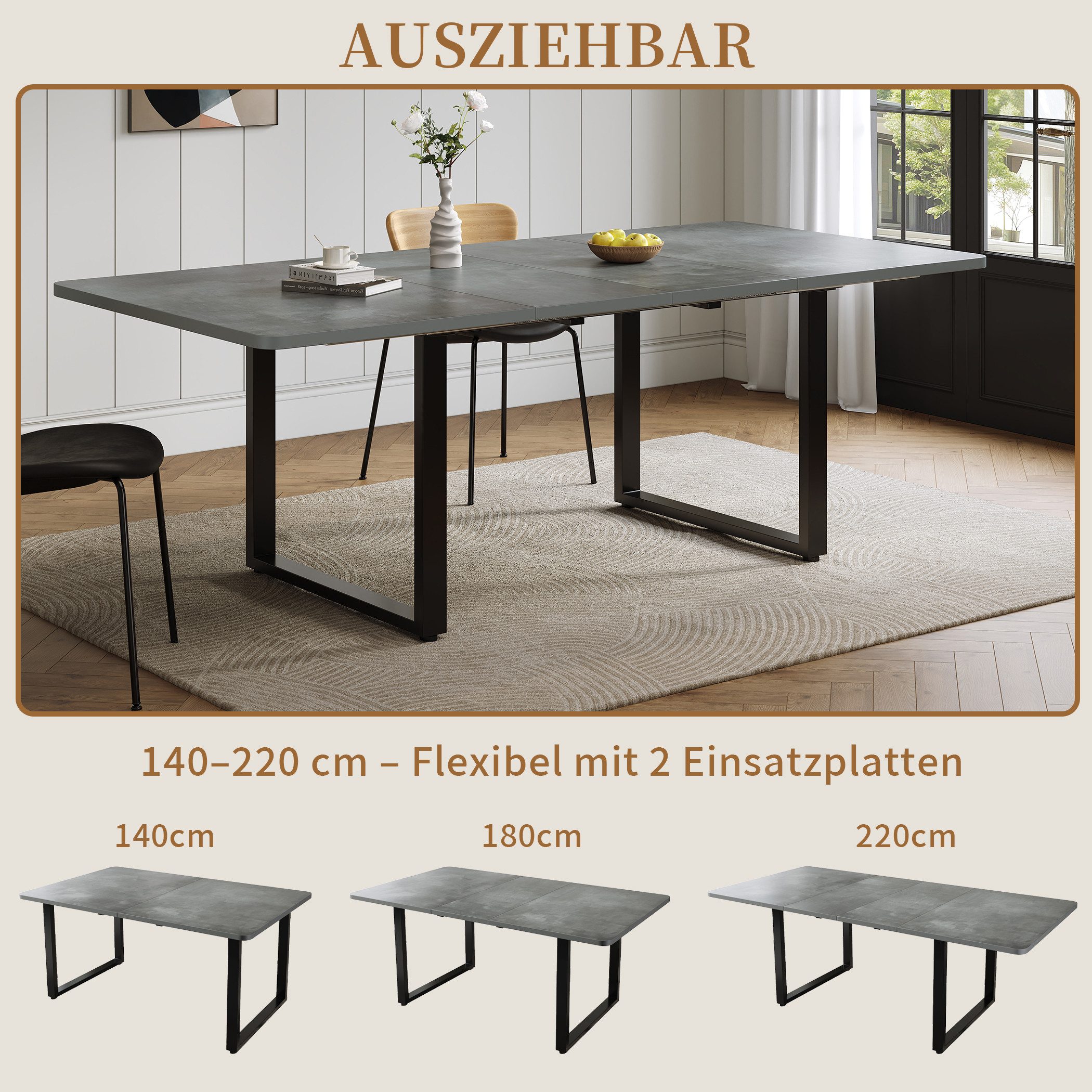 SeedWave Esstisch Ausziehbarer Küchentisch 140-220cm mit Metallfüßen, für 6-10 Personen, rechteckige Tischplatte in Holzoptik, 2 Einsatzplatten