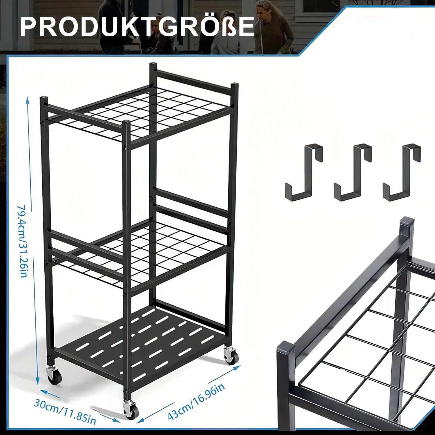 HEYHIPPO Gartengerätehalter Gartengeräte-Organizer,Schuppenregal,Metall-Werkzeugständer mit Haken, (bis 31 Zoll, Aufbewahrung von Gartengeräten, mobiler Werkzeugwagen für die Garage, Vielseitiger, stabiler dreistufiger Besenständer mit Schwenkrädern)