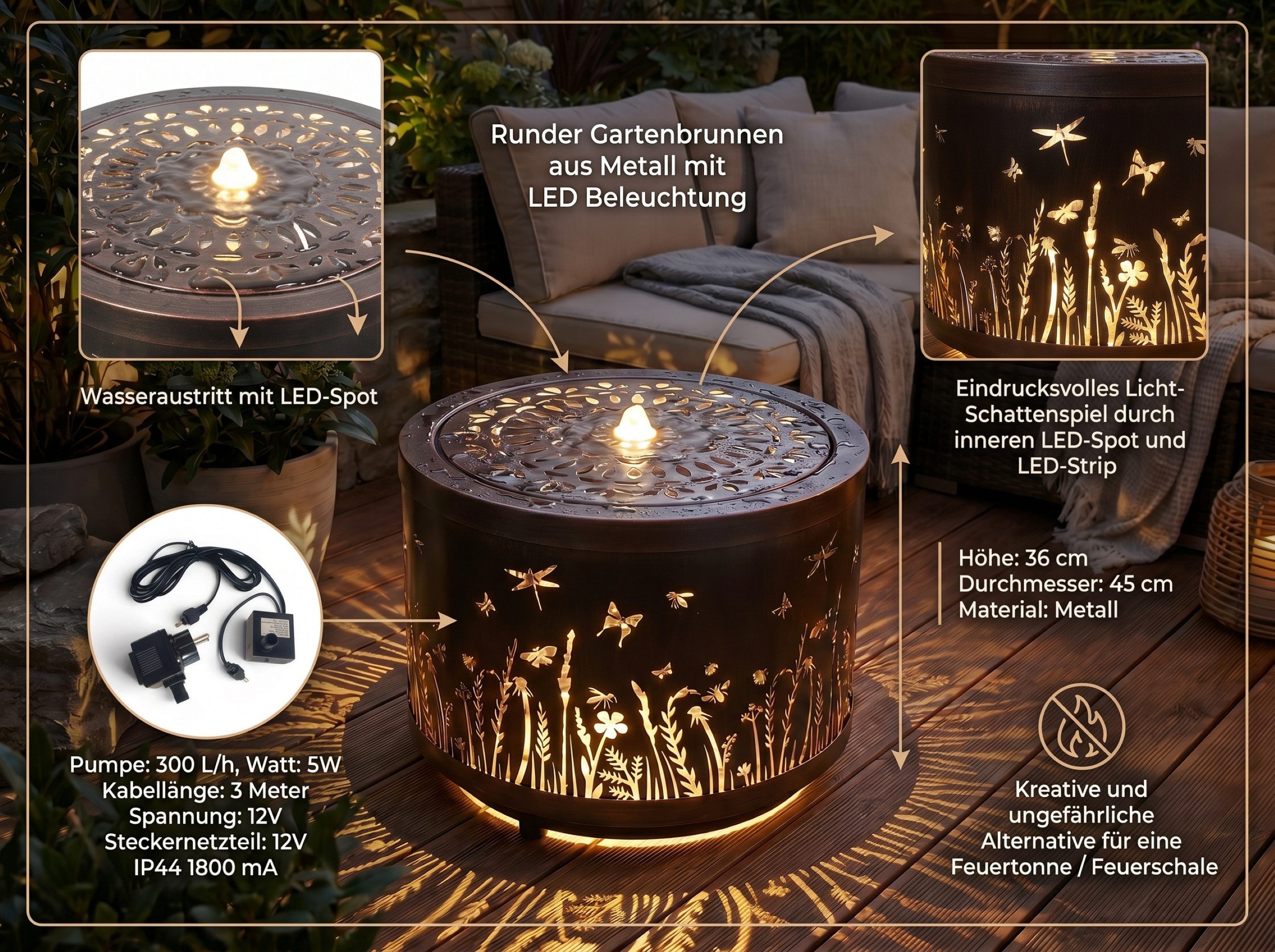 Arnusa Gartenbrunnen Metall Springbrunnen Lichtspiel rund Wasserspiel warmweiß, 45 cm Breite, Gartendekoration, tolles Lichtspiel