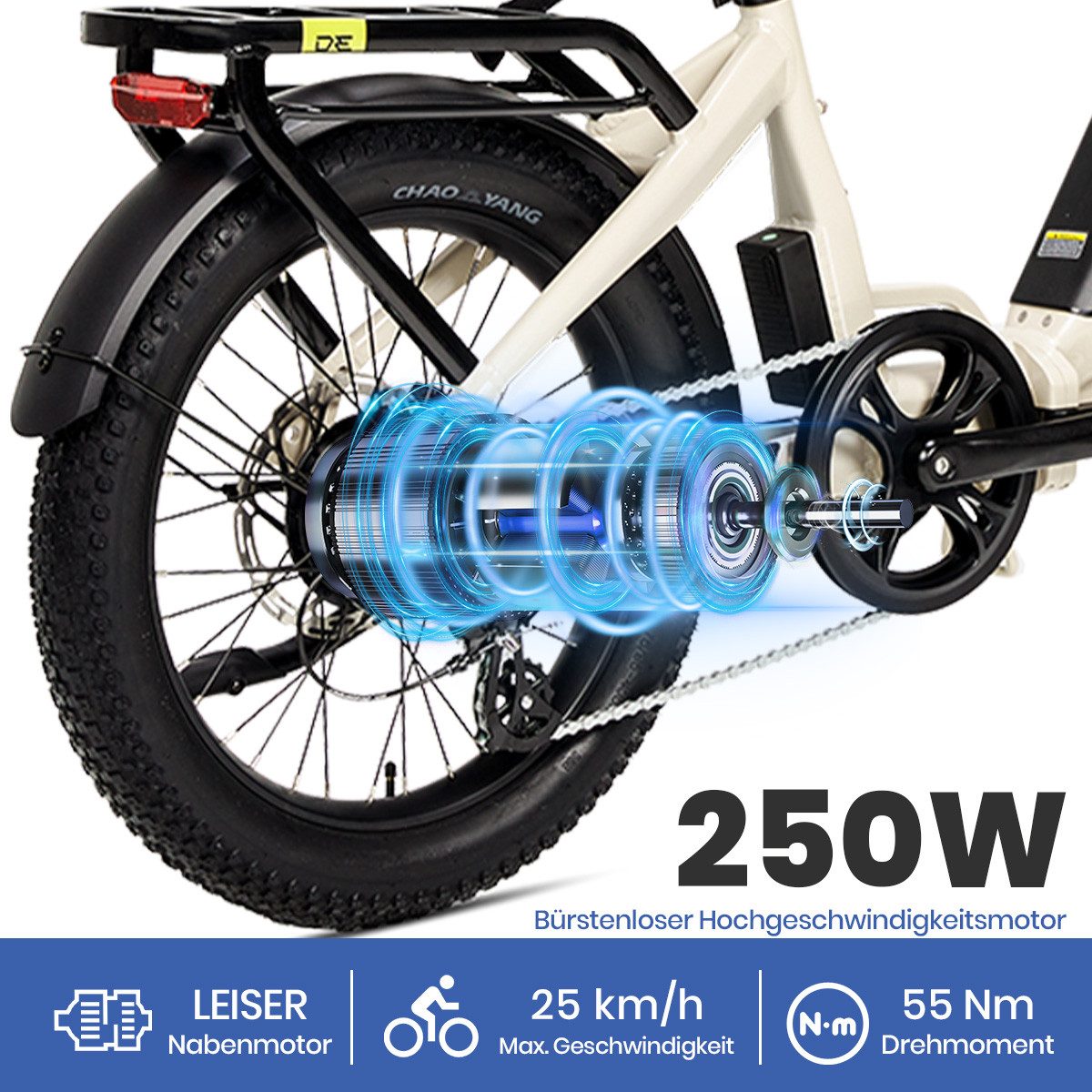 DERUIZ E-Bike Klapprad 20x3,0 Zoll, max. 140km, Federsattelstütze, mit Bluetooth, 5 Stufen, 8 Gang SHIMANO SHIMANO ALTUS 11-32T Schaltwerk, Kettenschaltung, Heckmotor, 500 Wh, (mit Werkzeug, mit Akku-Ladegerät), RH:36cm, Bremslicht, Gepäckträger (max.50kg), hydraulische Bremsen