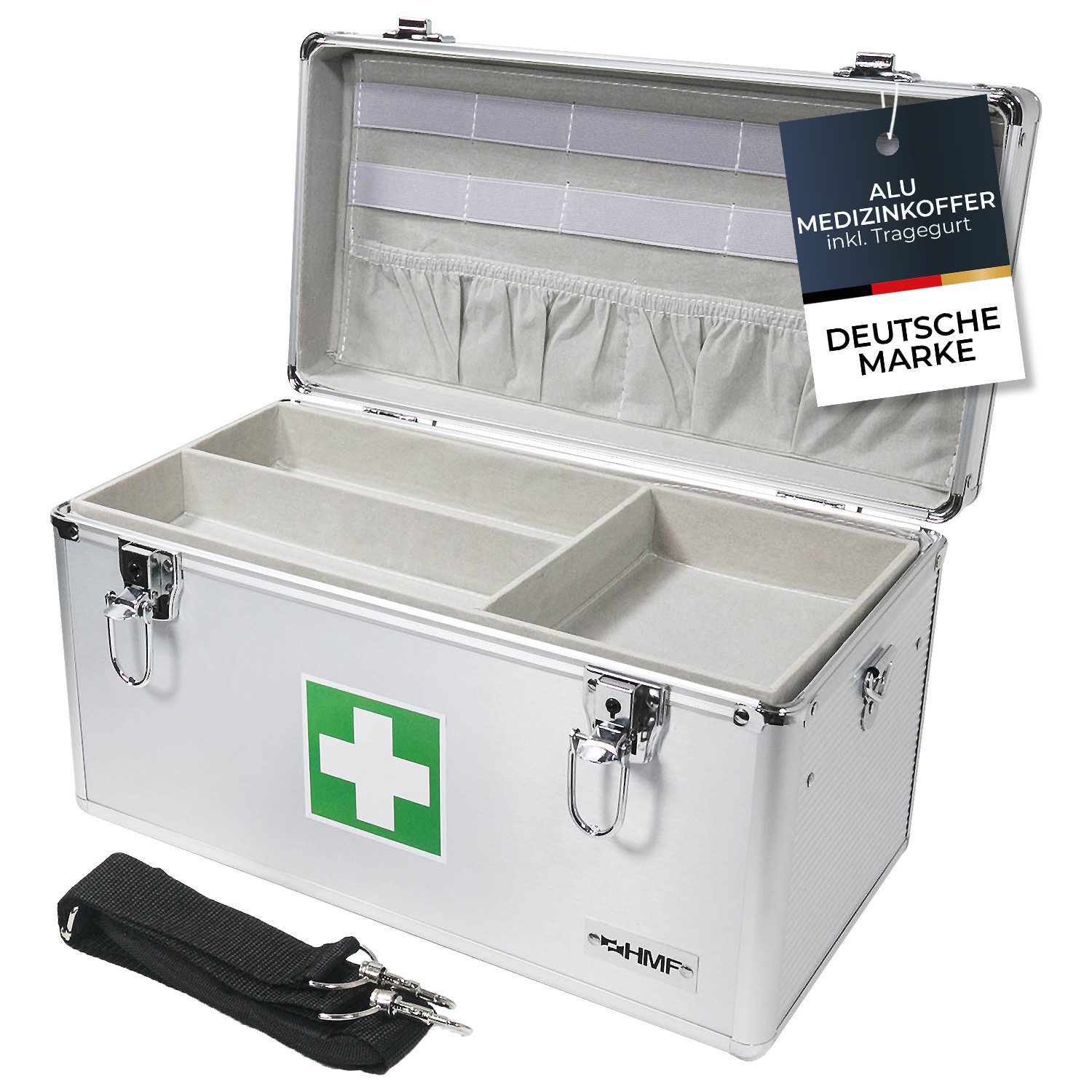 HMF Erste-Hilfe-Koffer Alu Medizinkoffer Arztkoffer für Erstversorgung, Erste-Hilfe-Koffer, mit Tragegriff und Schultergurt, 40 x 22,5 x 20,5 cm, silber