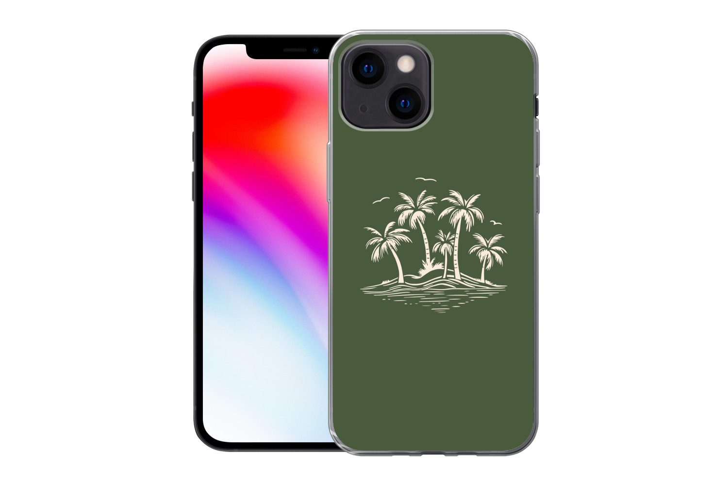 MuchoWow Handyhülle für Apple iPhone 13 mini Palmen - Strand - Grün - Beige - Tropisch, Smartphone-Bumper, Print, Handy Schutzhülle Dünn