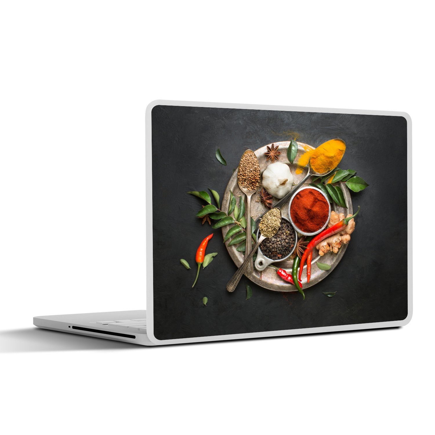 MuchoWow Laptop-Aufkleber Gewürze - Teller - Pfeffer - Schwarz - Löffel - Silber, (1tlg), Laptop Folien Cover, Aufkleber, Sticker, Schutz vor Kratzern, 30x21 cm