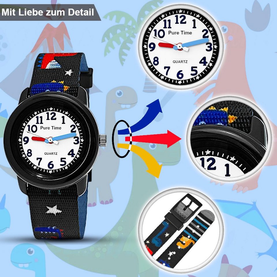 Pure Time Quarzuhr Dinosaurier Dino Kinder Textil Armbanduhr, Kinderuhr in  schwarz, rot