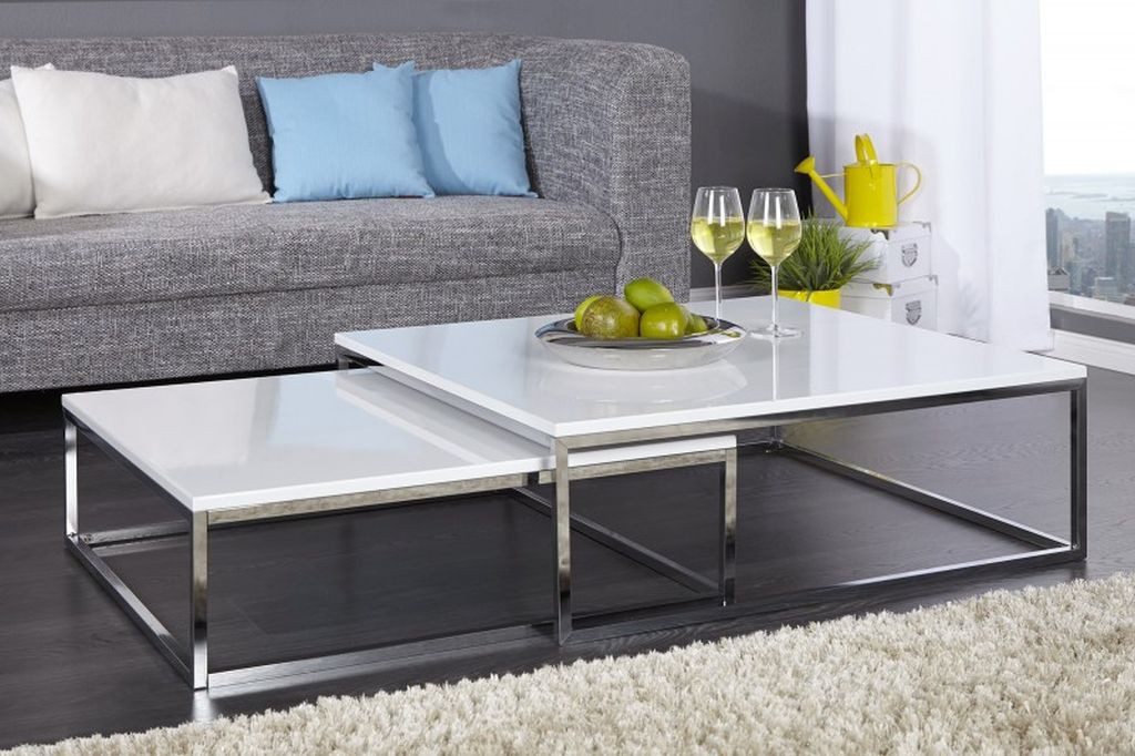 LebensWohnArt Couchtisch 2er Set Design Couchtisch MENTO weiss hochglanz 75cm Edelstahl
