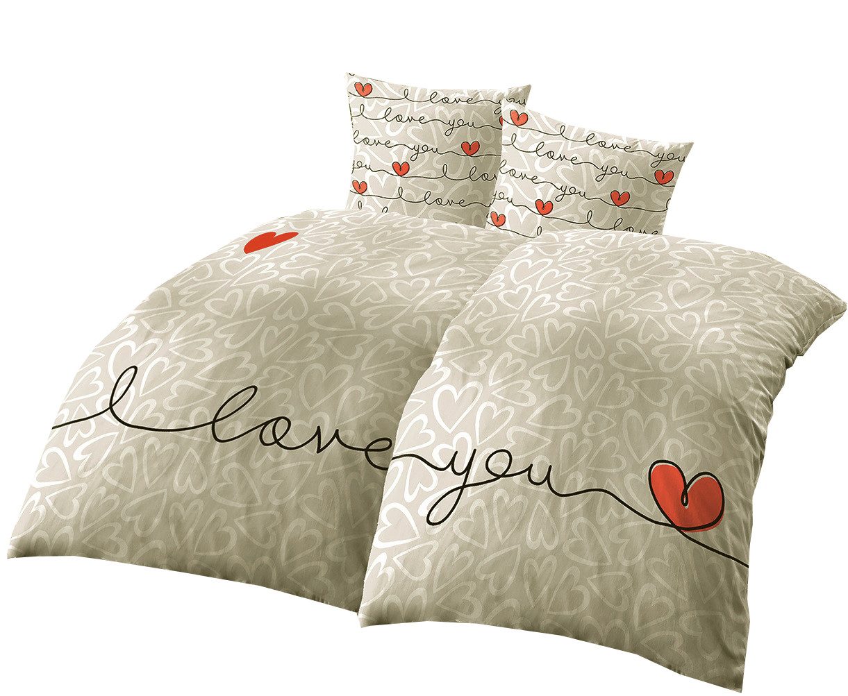 Leonado Vicenti Bettwäsche Love You Schriftzug aus Hochwertiger Mikrofaser, Microfaser, 4 teilig, Herzen in Rot und Weiss