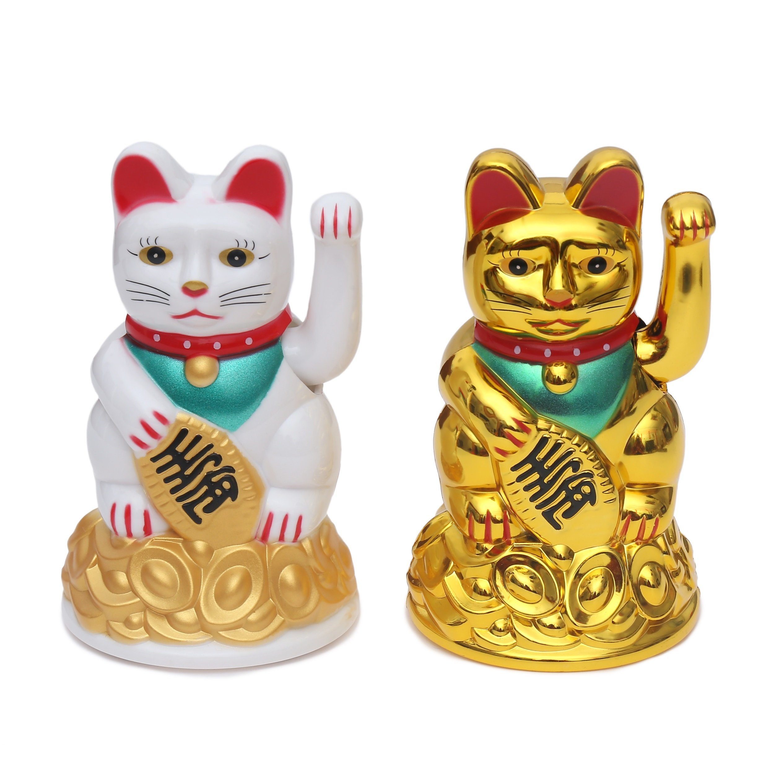Flanacom Winkekatze Winkende Japanische Glückskatze - Glücksbringer (2-er Set), Gold und Weiß, batteriebetrieben