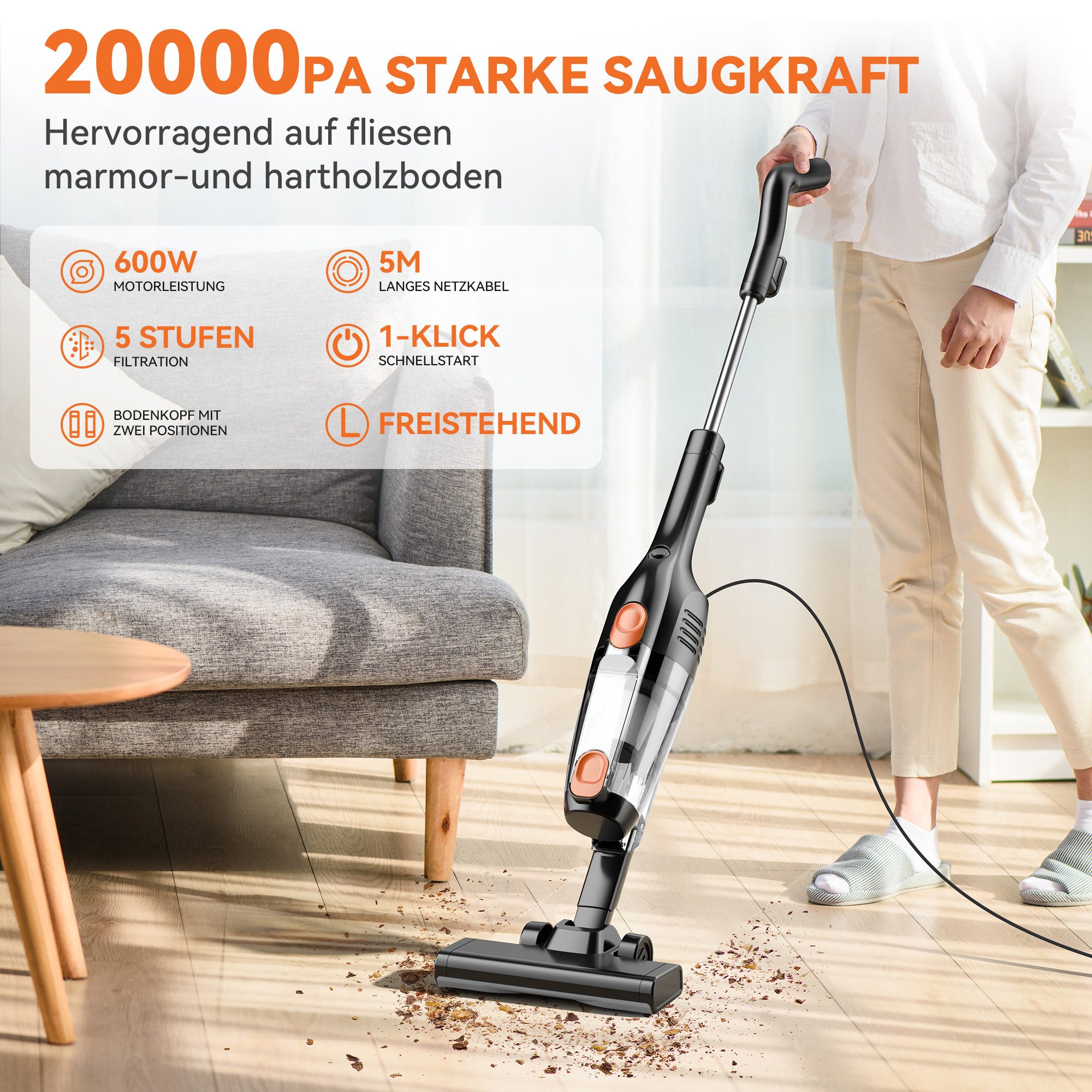 INSE Hand-und Stielstaubsauger INSE, 600 W, beutellos, 20Kpa Saugkraft, 600W Motor, 1,66kg leicht, Verstellbar&Selbststehend – Bild 3 von 5