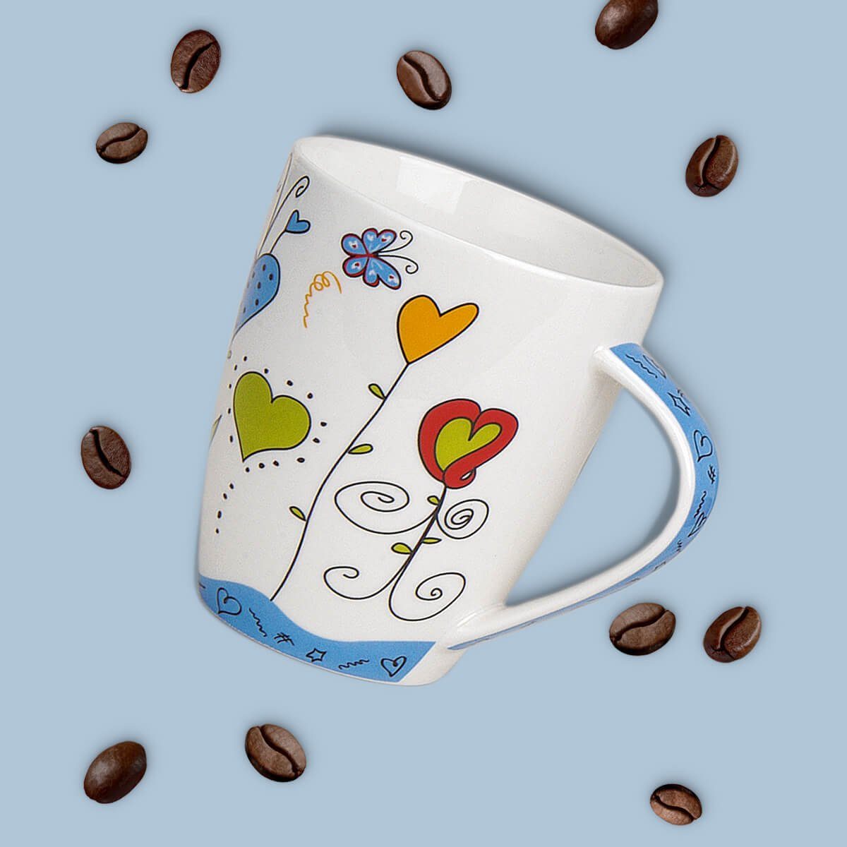 matches21 HOME & HOBBY Tasse Kaffeetassen 6er Set Blumen Herzen Frühling Sommer, 6-tlg., Porzellan, Tee Kaffee-Becher, modern, blau grün rot bunt, 300 ml