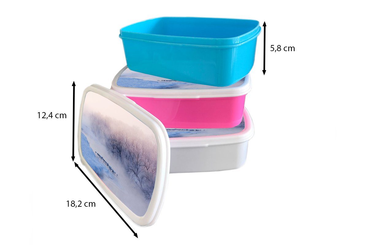 Lunchbox Brotbox Nebel Kunststoff Vogel Eis, Mädchen, - für Fluss Brotdose Kinder, - Winter (2-tlg), Erwachsene, Snackbox, MuchoWow Kunststoff, - - rosa