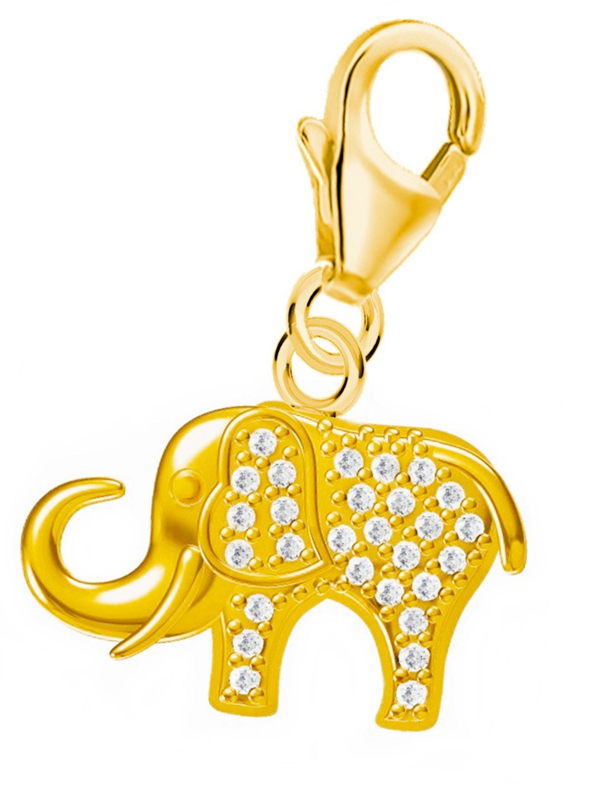 Goldene Hufeisen Charm-Einhänger Charm Anhänger Gold Elefant 18k vergoldet, Armband Karabiner, 925 Sterling Silber mit Zirkonia