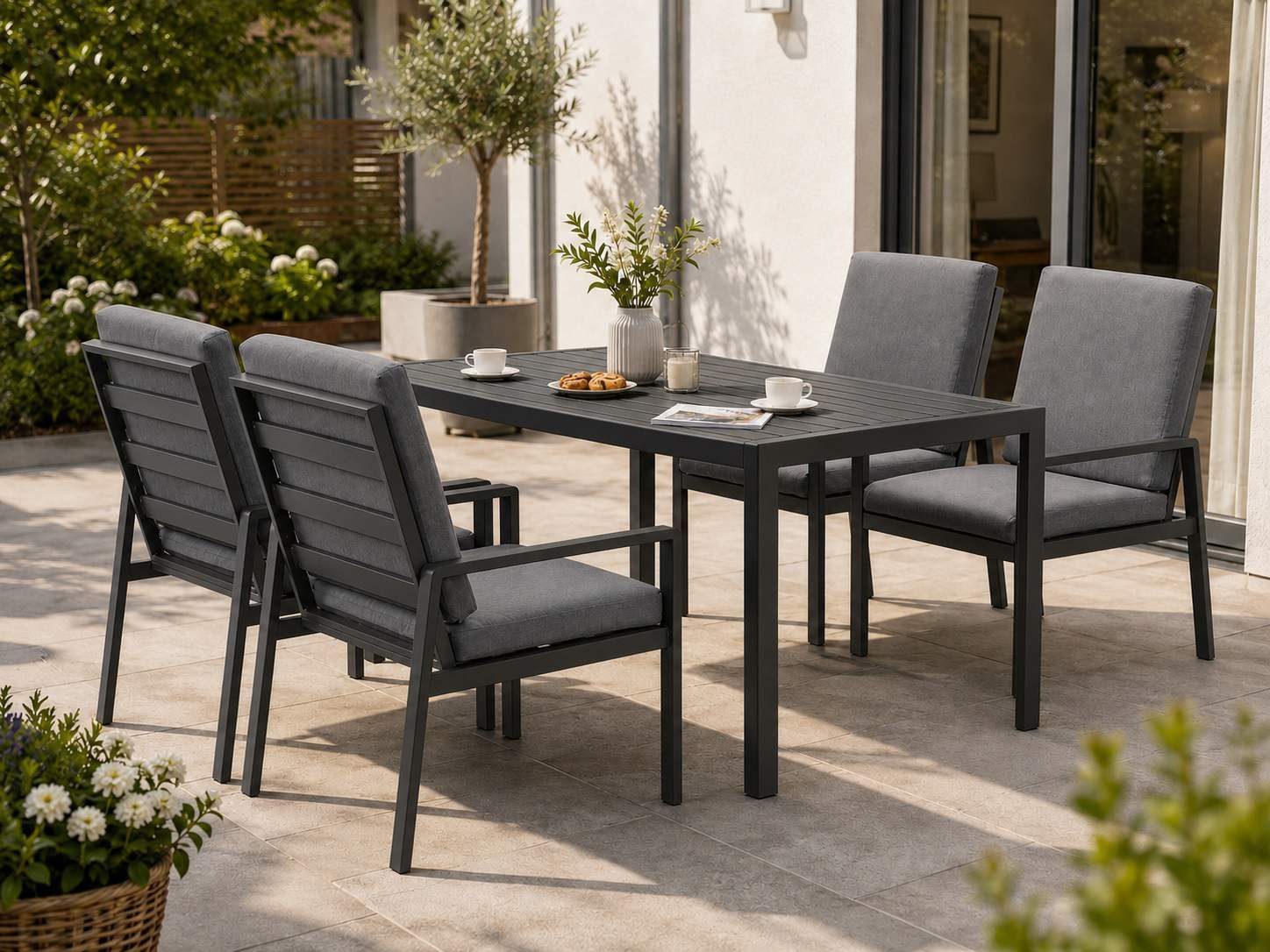 MeXo Gartenlounge-Set Gartenmöbel Set aus Aluminium mit Esstisch, (wetterfest, hoher Sitzkomfort, 5-tlg., bis 140 kg belastbar), mit pflegeleichte Polywood-Tischplatte, geeignet für 4 Personen