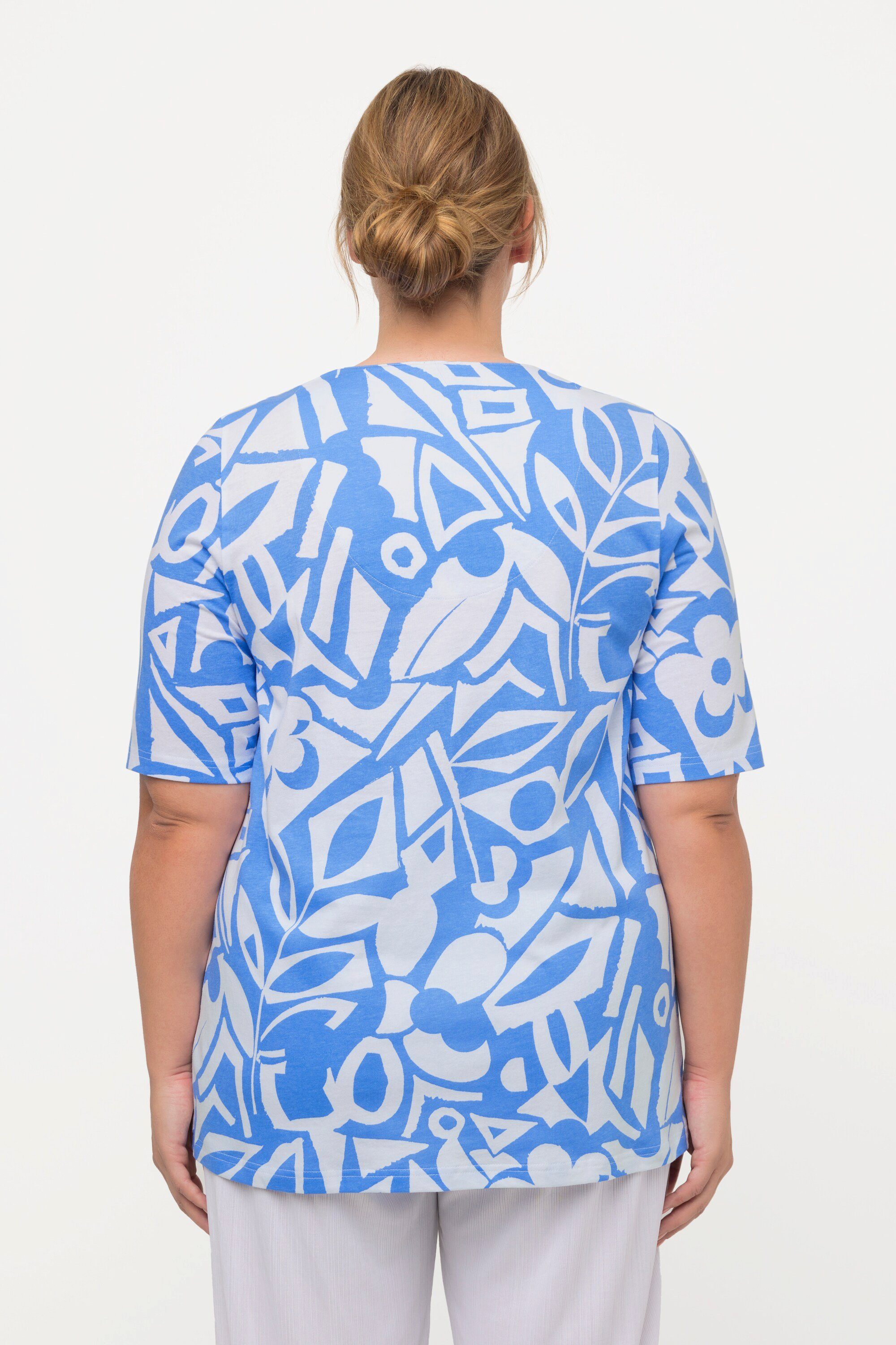 Ulla Popken Rundhalsshirt Tunika-Ausschnitt A-Linie Halbarm T-Shirt stahlblau