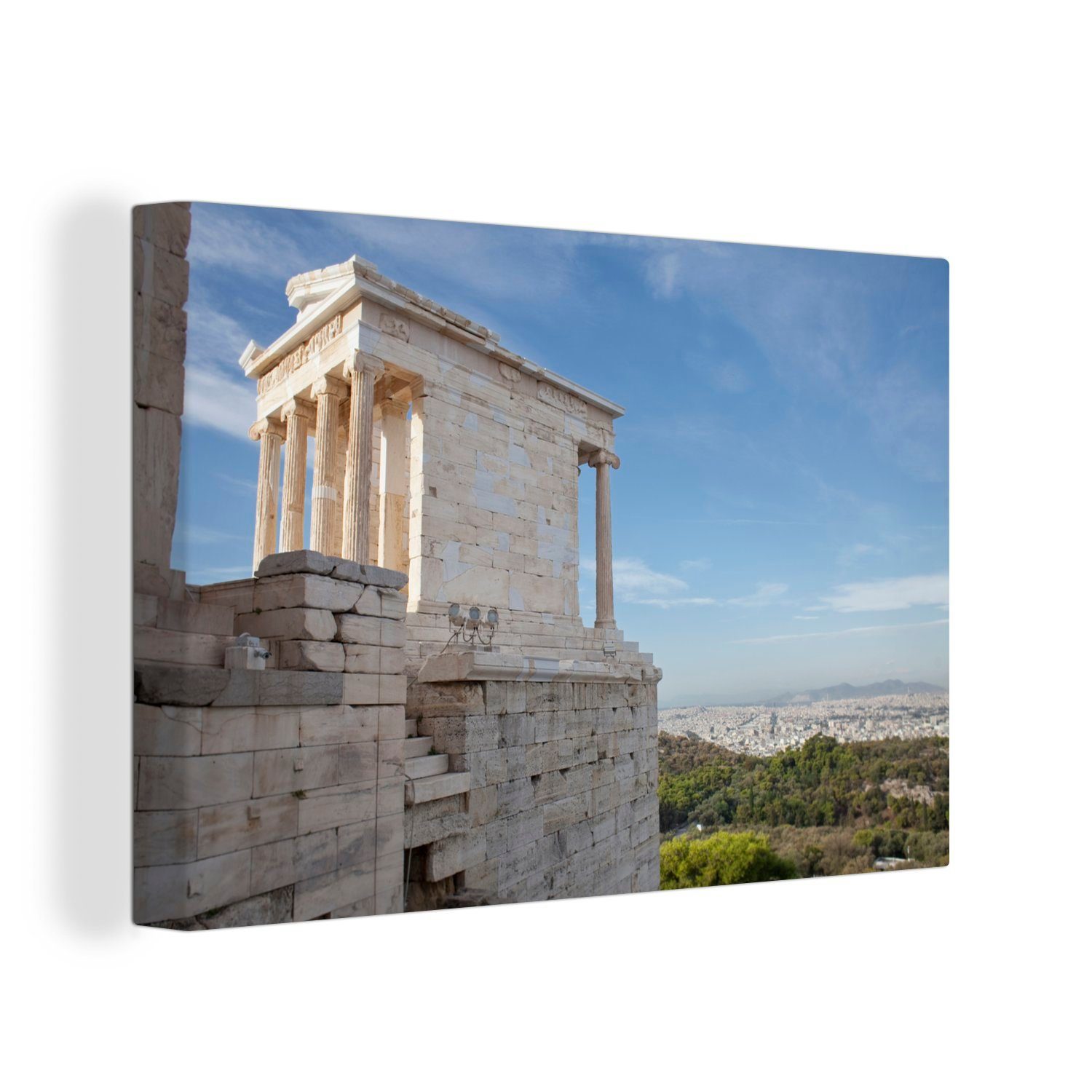 OneMillionCanvasses® Leinwandbild Der Tempel der Athene auf der Akropolis mit Athen im Hintergrund, (1 St), Wandbild Leinwandbilder, Aufhängefertig, Wanddeko, 30x20 cm