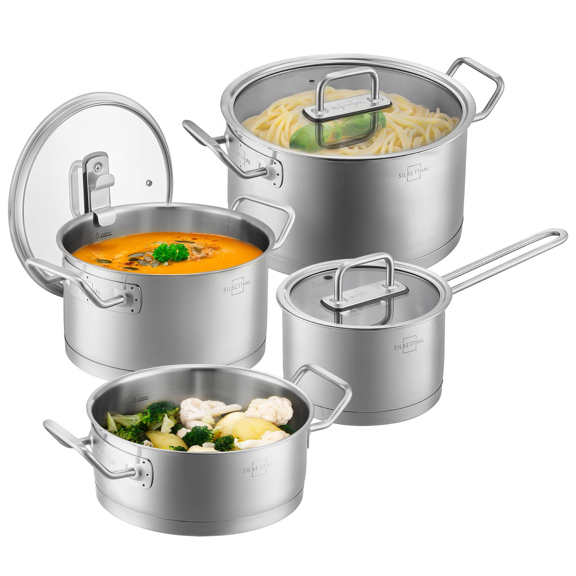 SILBERTHAL Kochtopf 4er Set mit Deckel, Edelstahltopf Induktionsgeeignet, Edelstahl (4er Set, 4-tlg), spülmaschinenfest, rostfrei, induktionsgeeignet