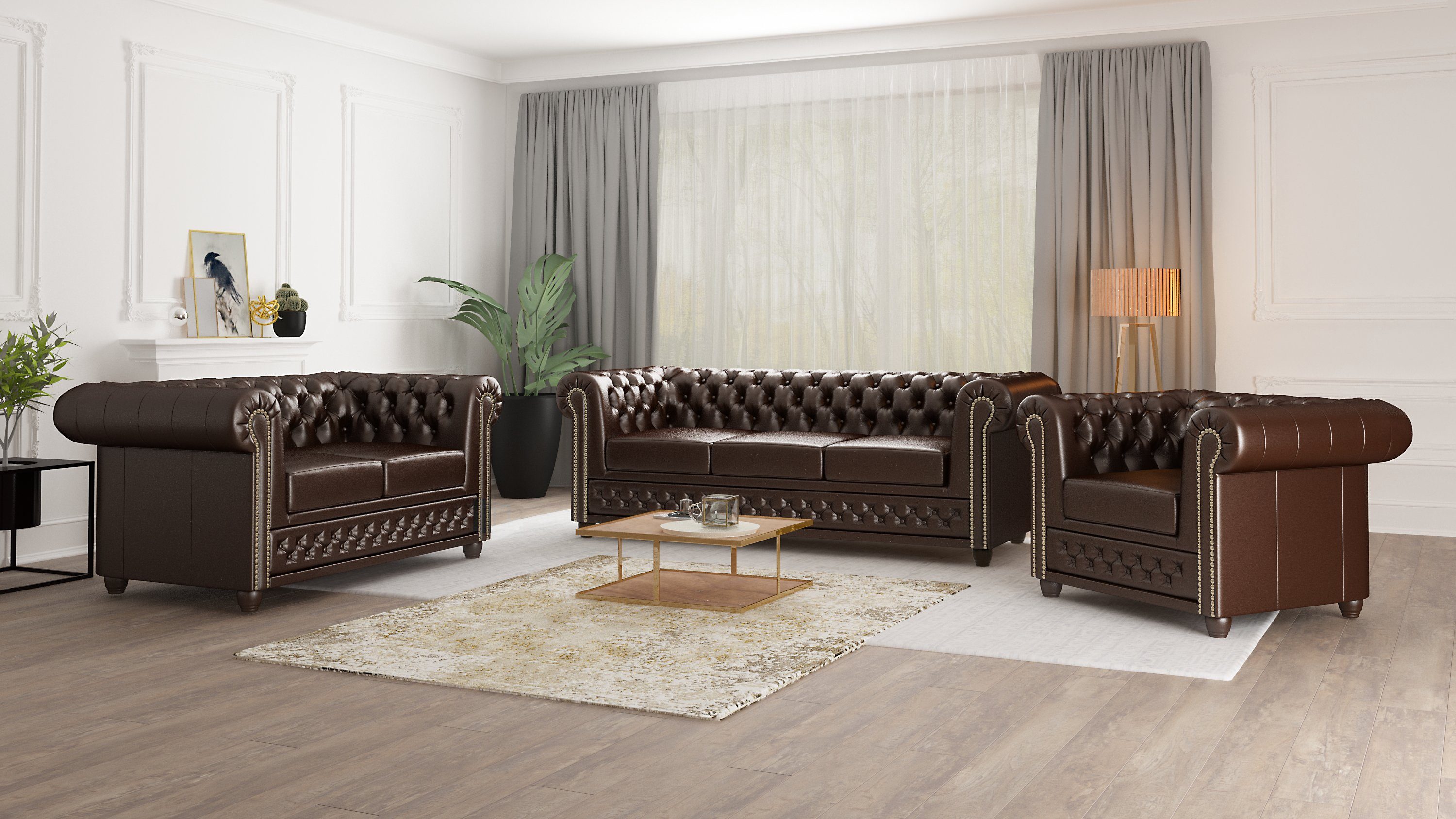 Jeff Sofa, S-Style Möbel mit Chesterfield Wellenfederung 3-Sitzer Braun