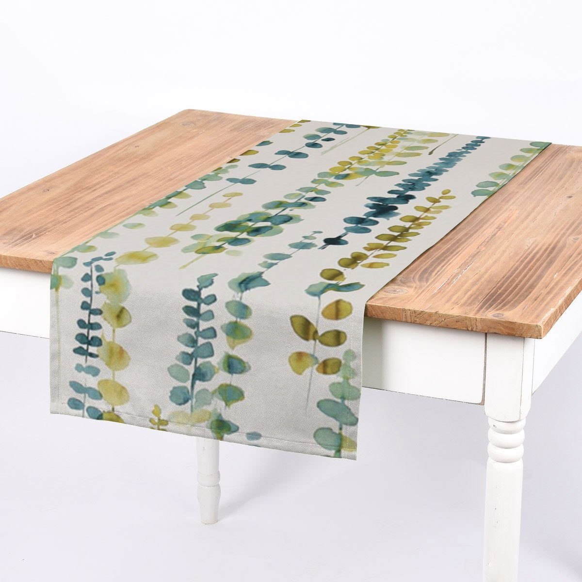 SCHÖNER LEBEN. Tischläufer SCHÖNER LEBEN. Tischläufer Ranken Blätter  Aquarell weiß grün blau, handmade | Tischläufer