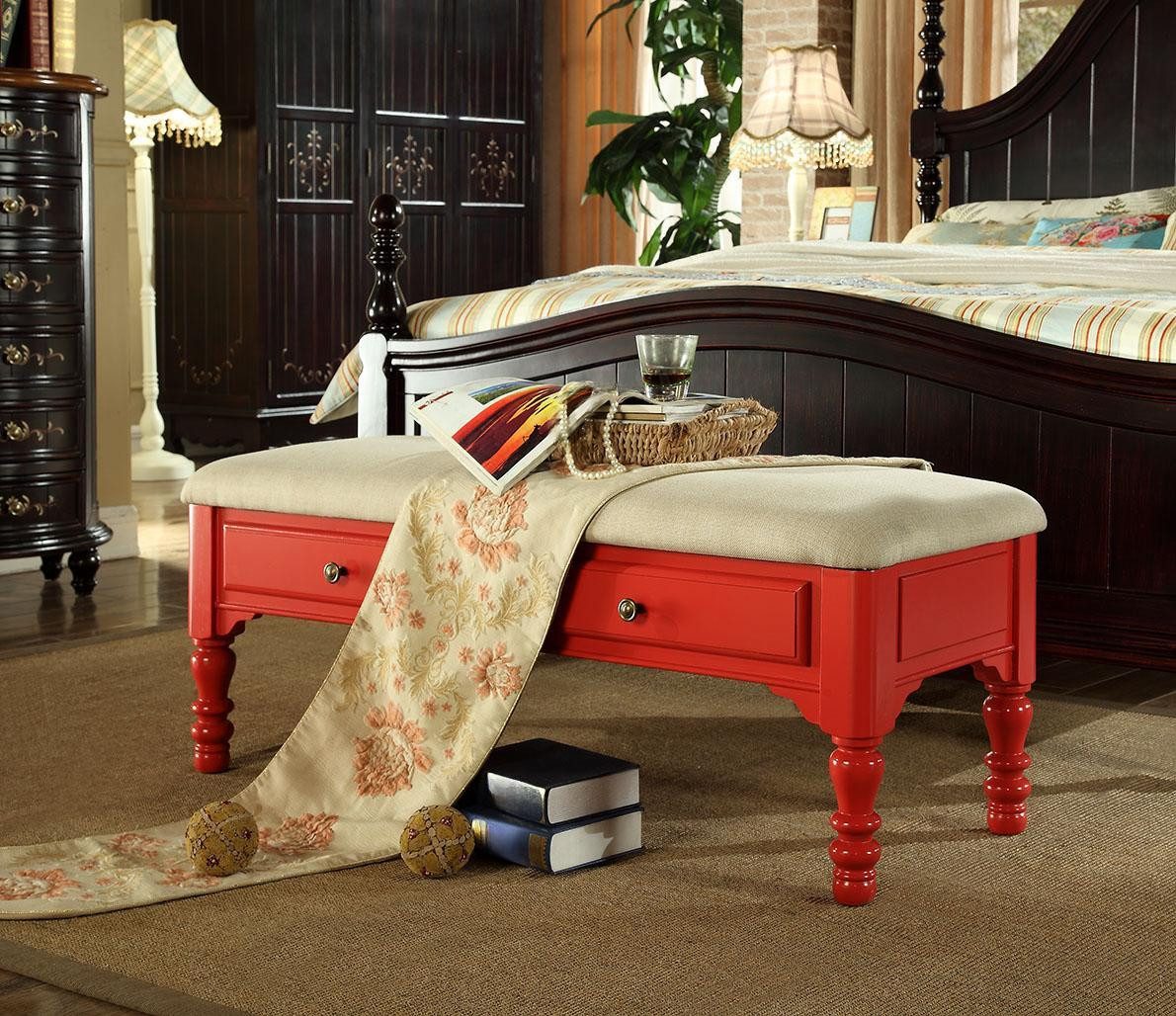 Hocker Sitz Polster Bank Polster Bank Textil Holz Stil Fußhocker Rot