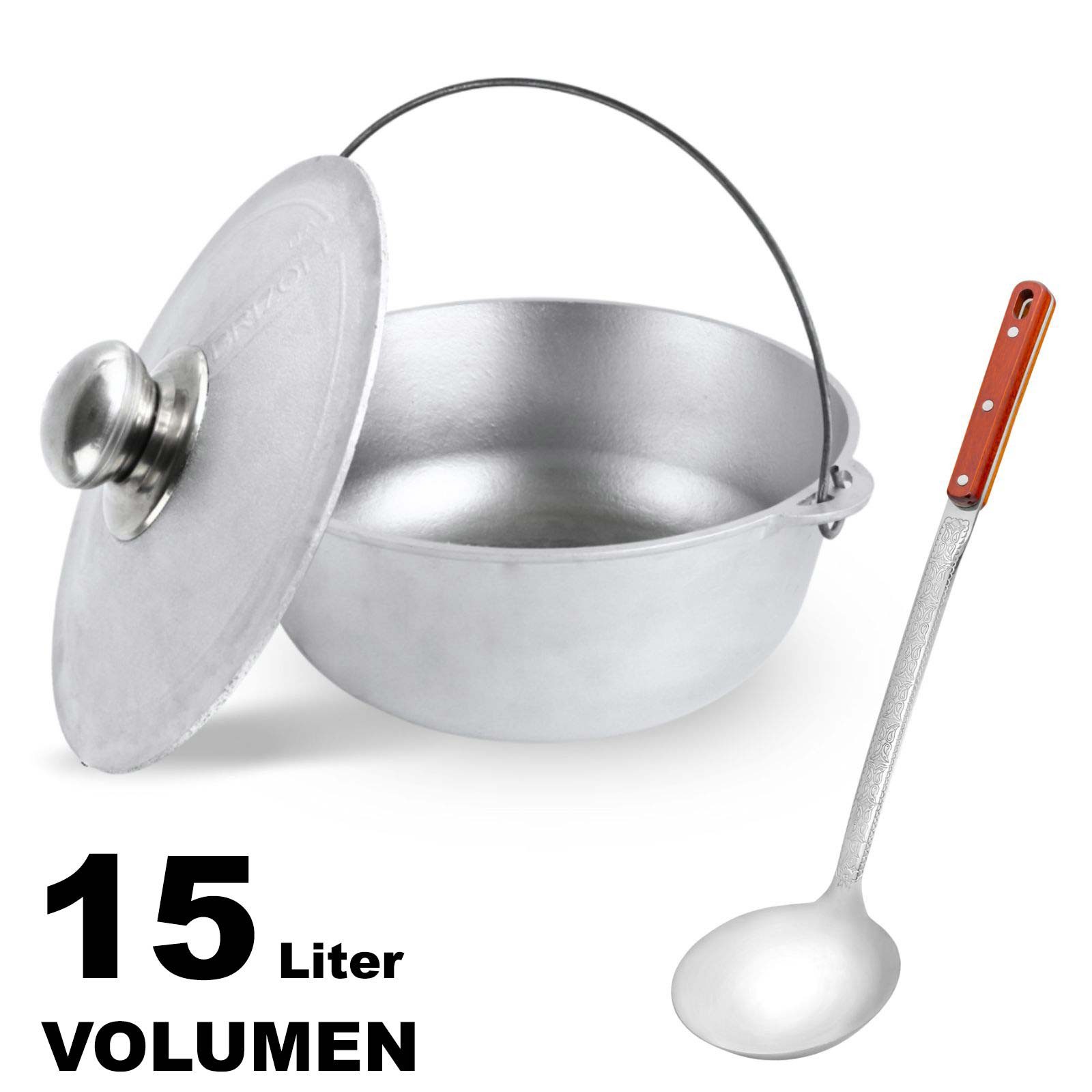 BIG-PAN Wok 15L Kazan Aluminium Aluminiumdeckel Schöpflöffel