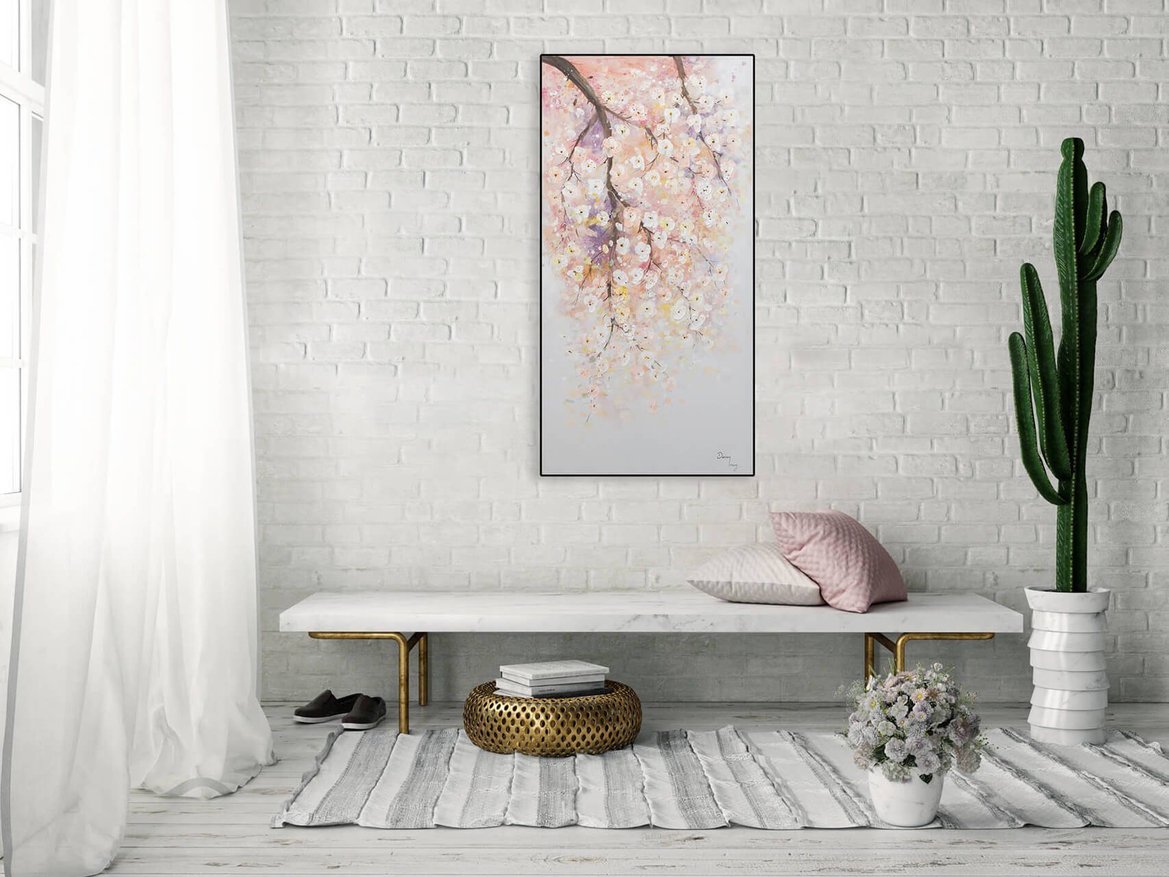 60x120 cm, Leinwandbild Wandbild Rosa Blütenregen Wohnzimmer Gemälde 100% HANDGEMALT KUNSTLOFT