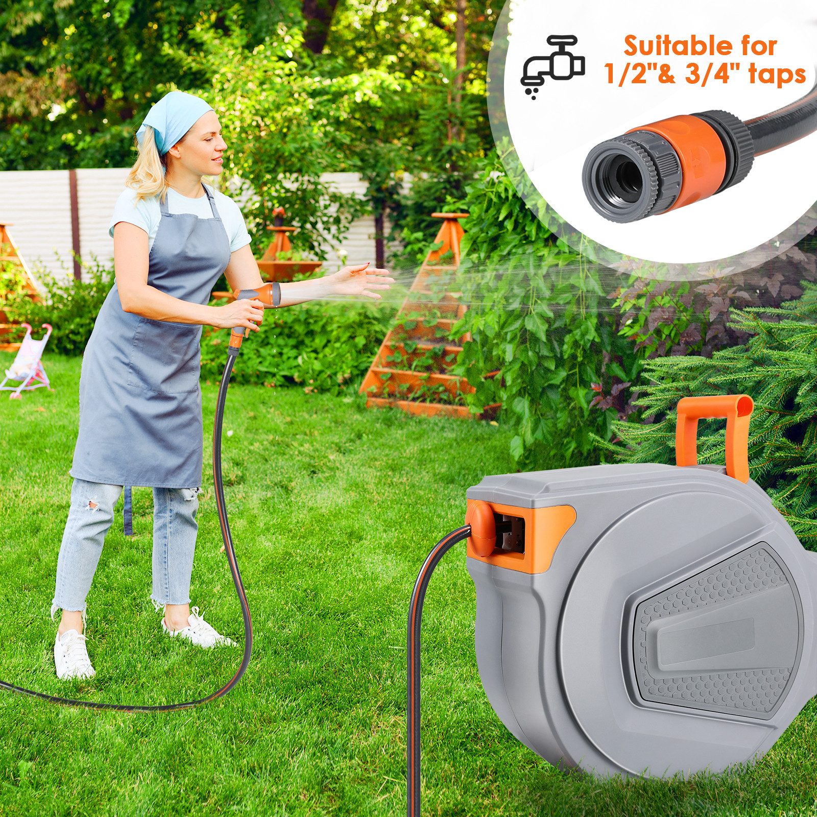 TLGREEN Gartenschlauch Automatischer Schlauchaufroller Wand-Schlauchbox, Schlauchtrommel mit automatischer Aufrollfunktion & Verriegelung, (Grau-Orange & Schwar – Bild 5 von 5