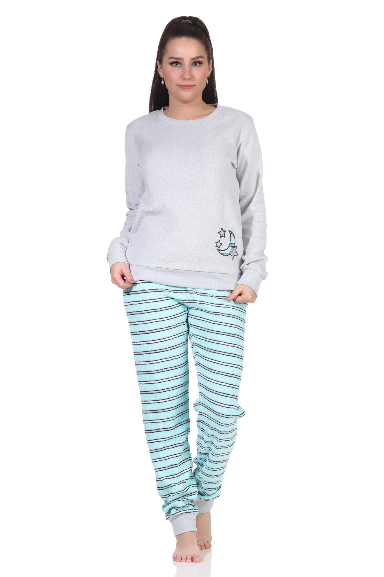 RELAX by Normann Pyjama Damen Frottee Schlafanzug mit Bündchen - Hose  gestreift, Oberteil mit Mond Applikation
