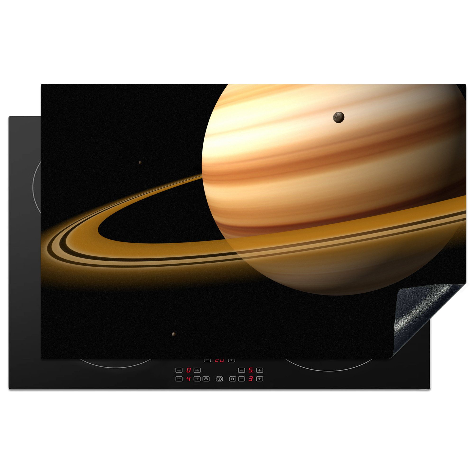 MuchoWow Herdblende-/Abdeckplatte Saturn mit seinem Ring und cm, Schutz die Ceranfeldabdeckung für (1 tlg), Mond, küche, Induktionskochfeld 81x52 einem Vinyl