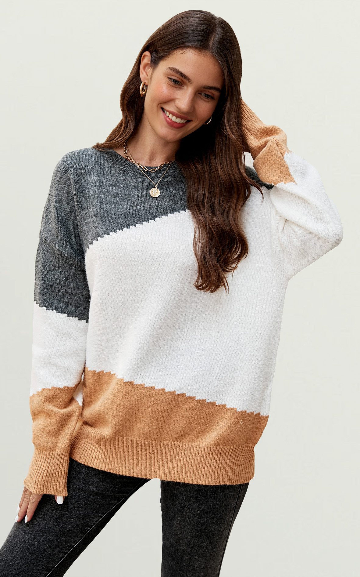 FS Collection Strickpullover Damen Strickpullover in Blockfarben – Einheitsgröße, Langarm - Onesize (DE 36–44 / UK 8–16, 52% Acryl, 28% Polyamid und 20% Polyester) Marine/Grau/Weiß - Rosa/Grau/Weiß - Grau/Weiß/Camel - Blau/Weiß/Grau