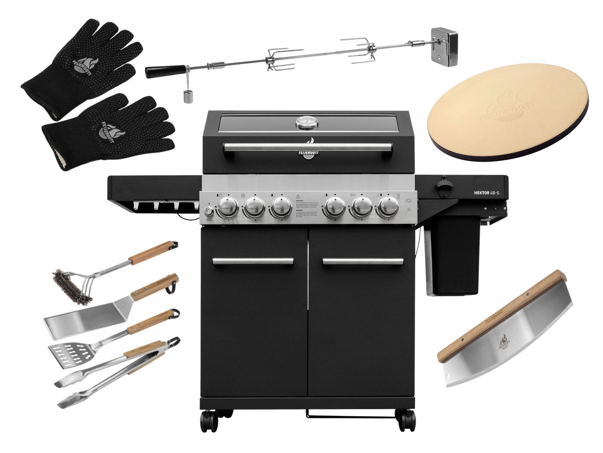 Feuergott Gasgrill FEUERGOTT Gas-Grillstation Hektor 4B-S Set mit Drehspieß und Pizza-Set