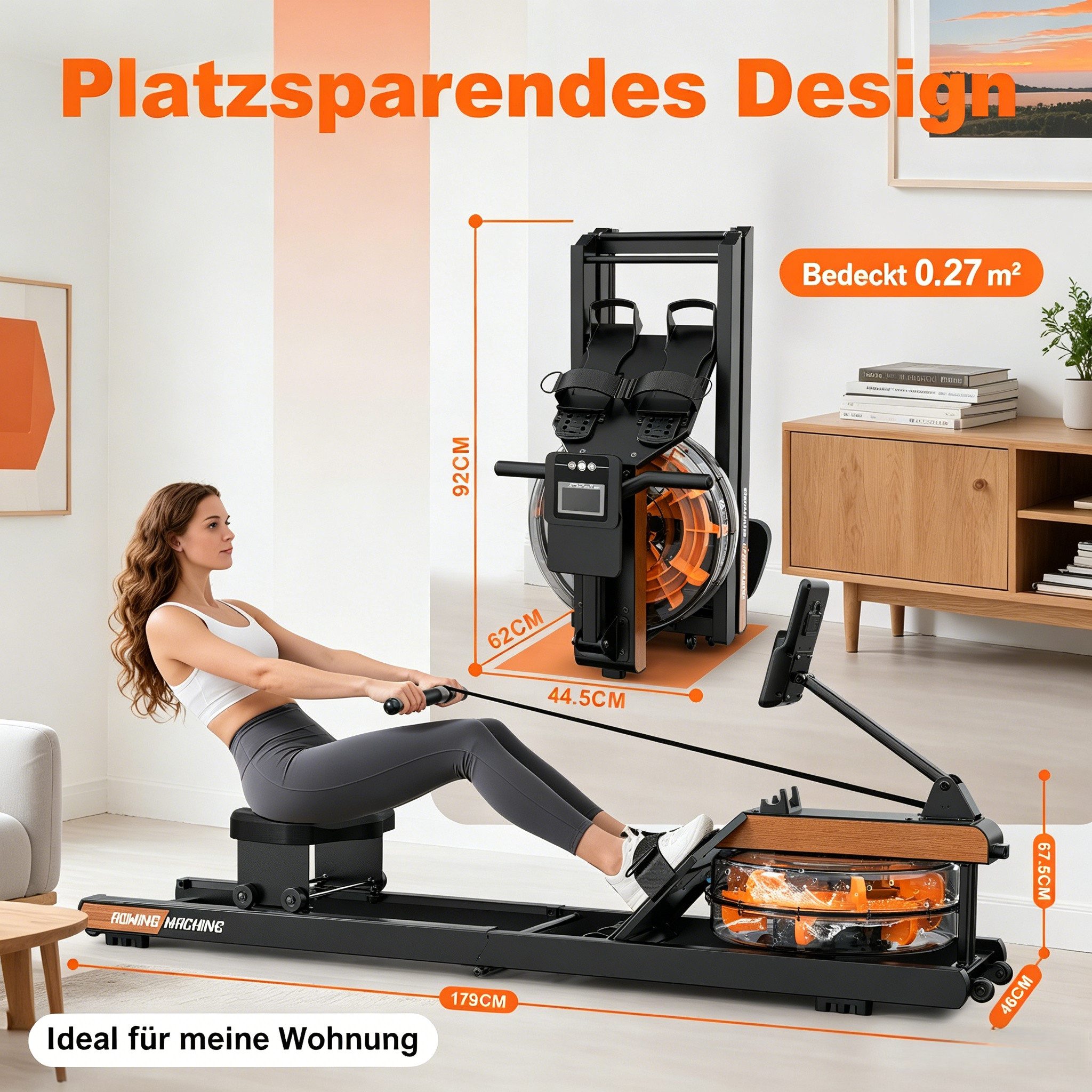 VOWVIT Rudergerät Klappbares Wasserrudergerät mit immersiver Trainingserfahrung (1-tlg), Bluetooth-Display, 98 % vormontiert, belastbar bis 160 kg