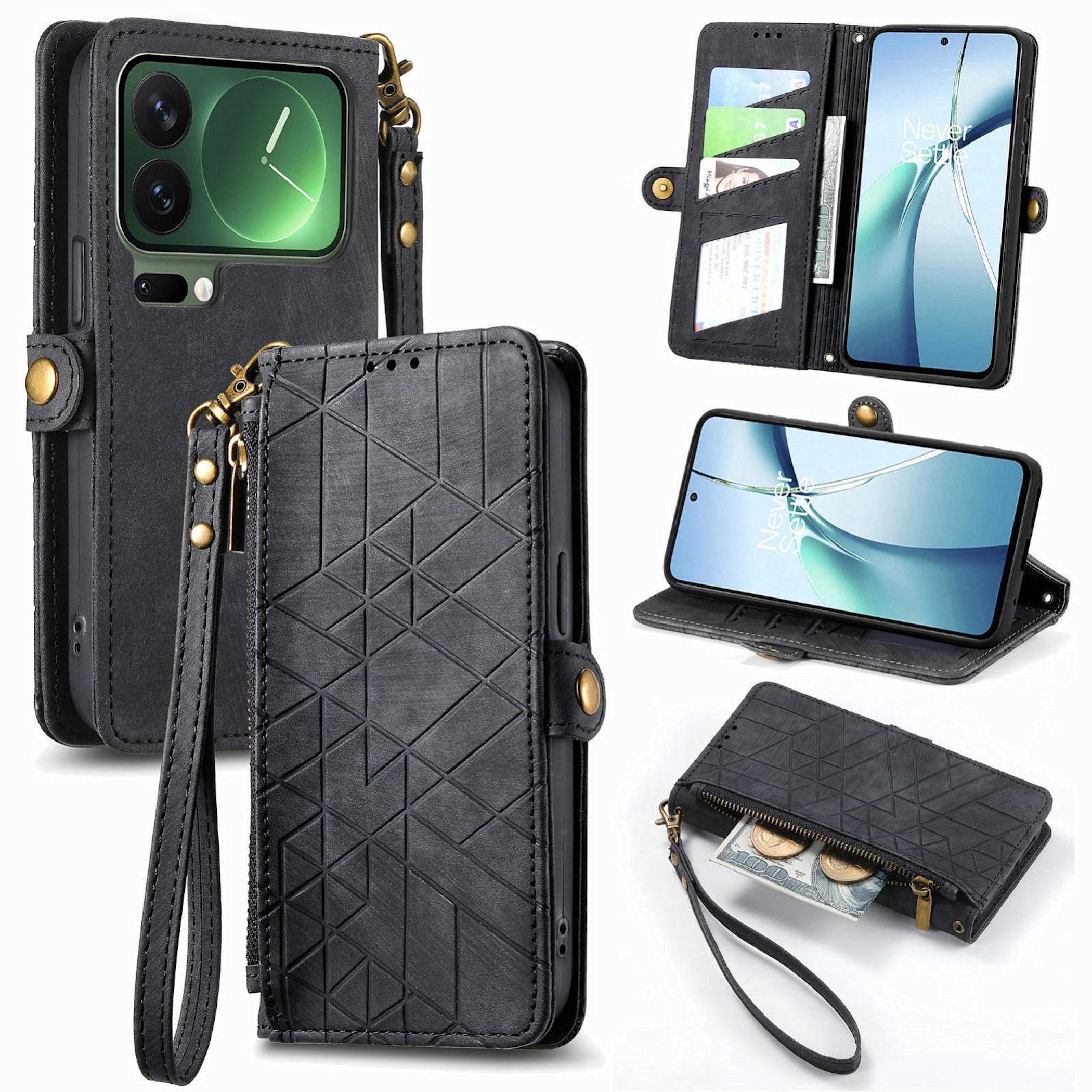 Wigento Handyhülle Für Xiaomi 17 Pro Max Geometric Kunstleder Zipper Book Hülle Schwarz, Kartenfächer, Reißverschlussfach, Standfunktion