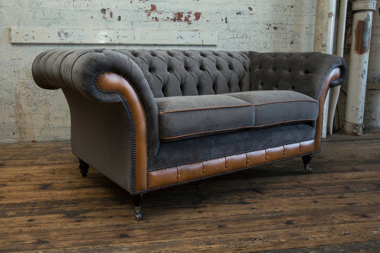 JVmoebel Chesterfield-Sofa, Graue Sofa Couch Polster Chesterfield Sitzmöbel  Textil Stoff Leder