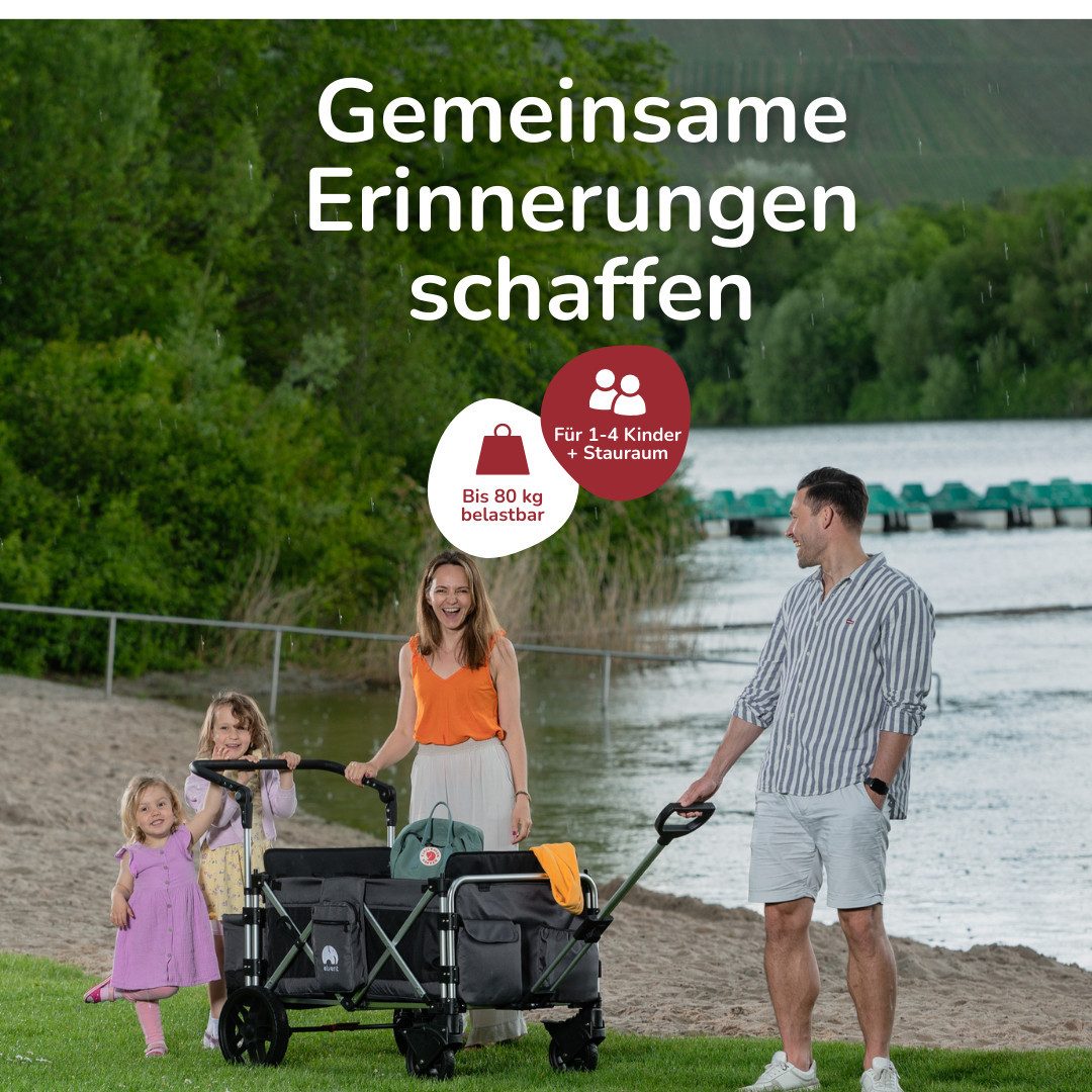 elvent Bollerwagen FamilyStar 4, Kompakt faltbar, Für bis zu 4 Kinder, Superleicht und komfortabel