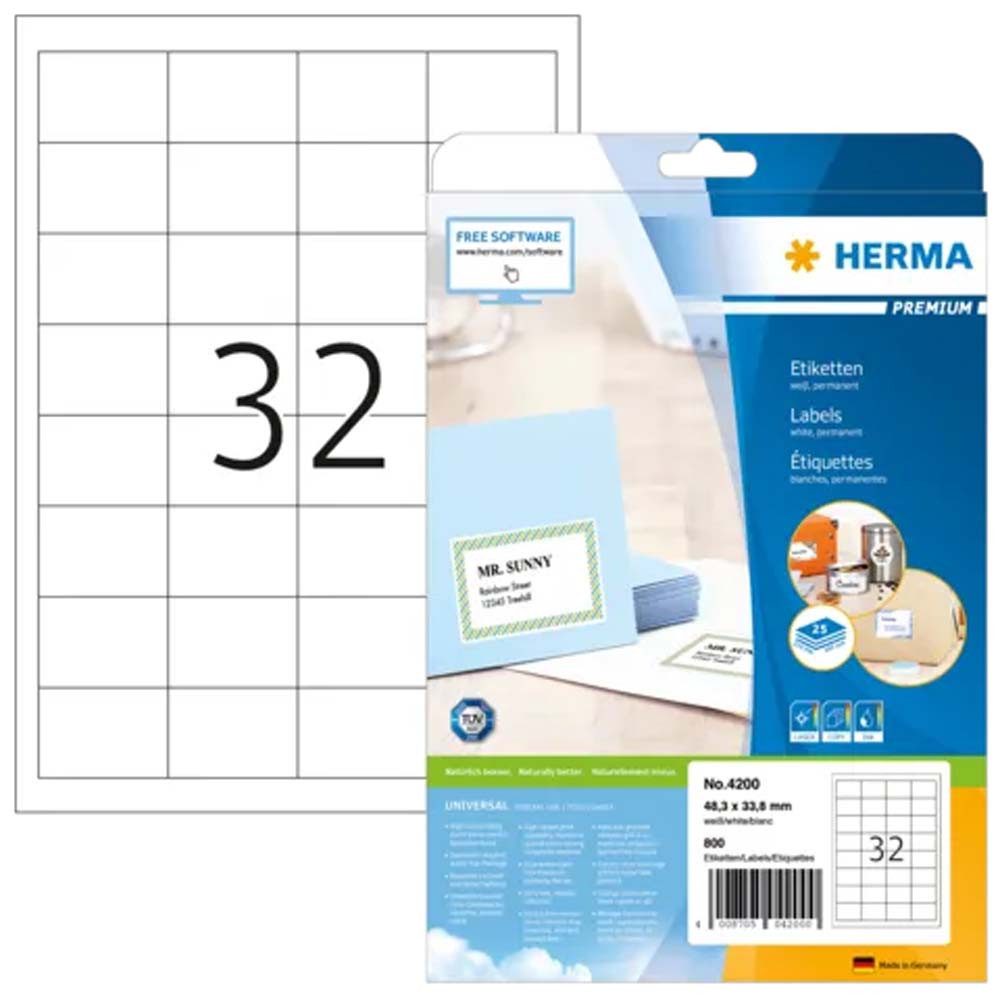 HERMA Etiketten PREMIUM Etiketten A4 48,3 x 33,8 mm weiß 800 Stück, permanent haftend, staufrei, high-speed-fähig