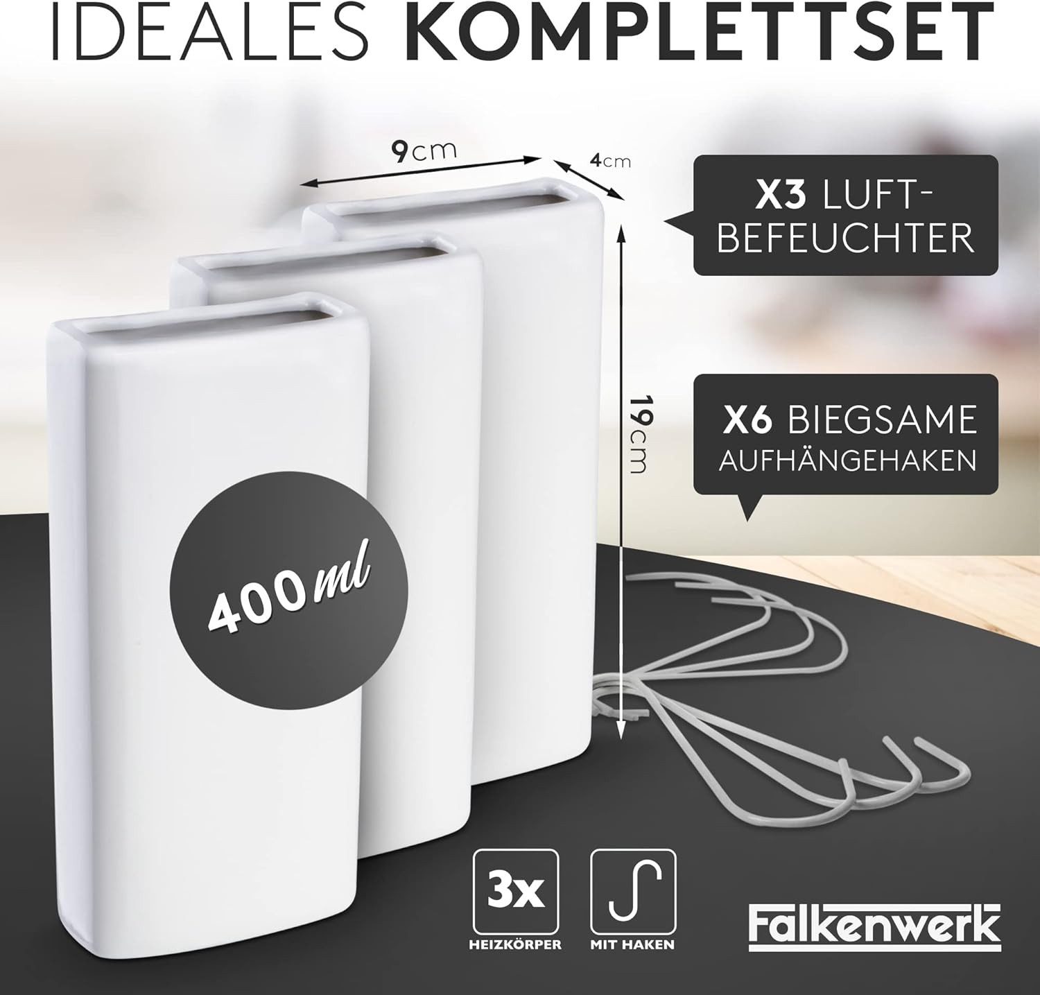 Falkenwerk Luftbefeuchter für Heizungen [3 Stück] - Universeller Luftbefeuchter ohne Strom, Passend für alle Heizkörpertypen, stromlos, nachhaltiges Keramikdesign