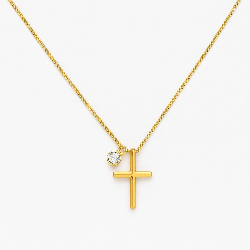 nhaos Kreuzkette Shining Cross – 18 K vergoldete Halskette aus 925 Sterling Silber (Schmuckset, Kette mit Kreuzanhänger und Zirkonia), hautfreundlich, nickelfrei, minimalistisches Design, Damen Halskette