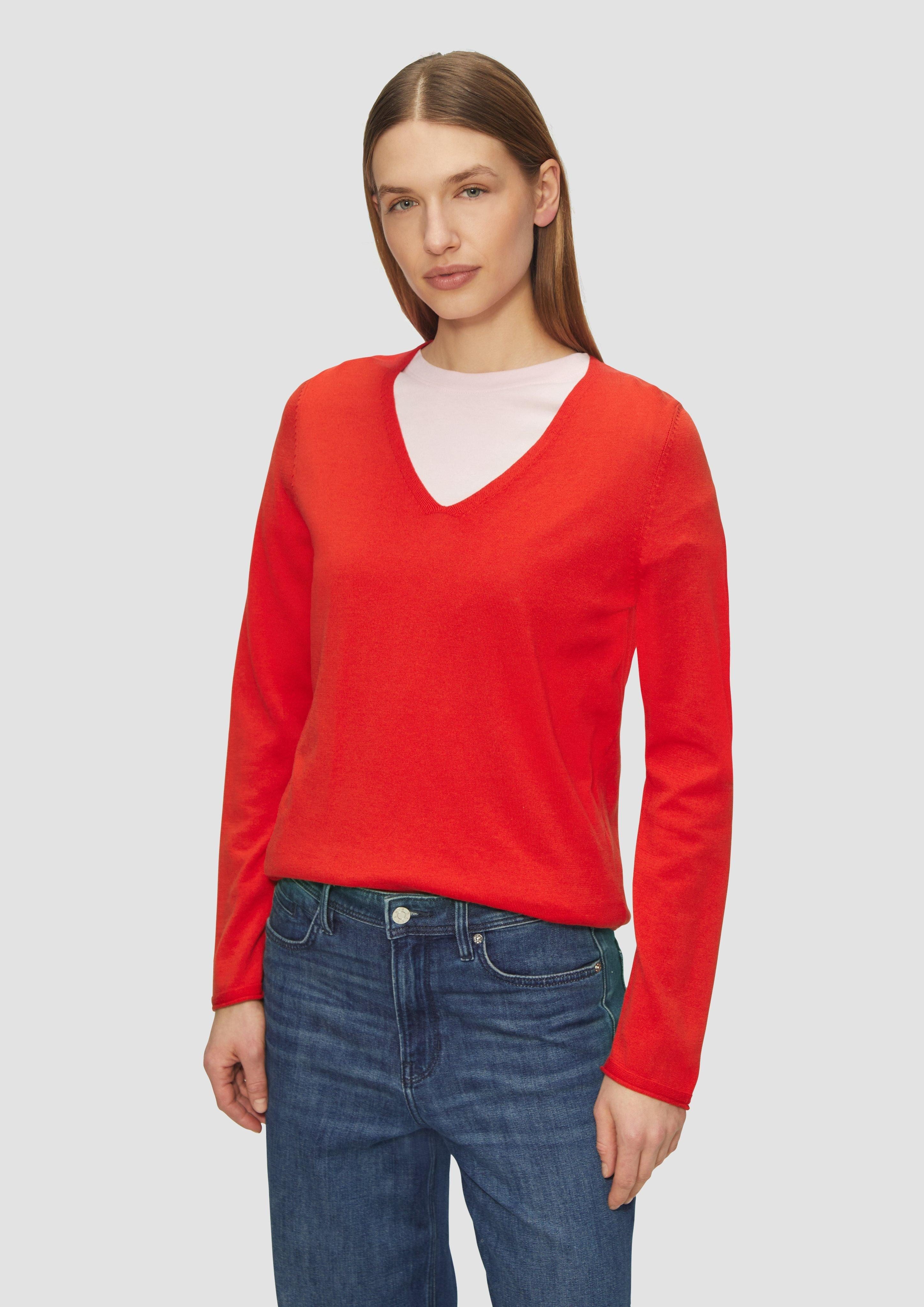 Strickpullover Feinstrickpullover mit V-Ausschnitt und Rollkante am Saum