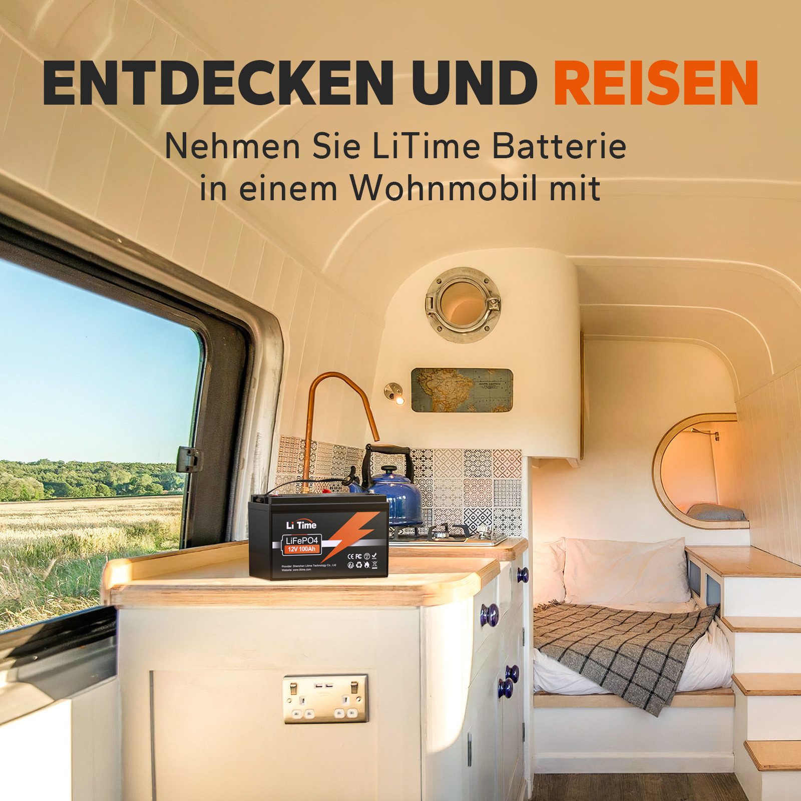 LiTime 12V 100Ah LiFePO4 Batterie mit BMS IP65 1280Wh Stromspeicher Solarakkus (12 V), L329*B172*H214 mm, für Wohnmobile, Boote, Wohnwagen und Solaranlagen – Bild 4 von 5