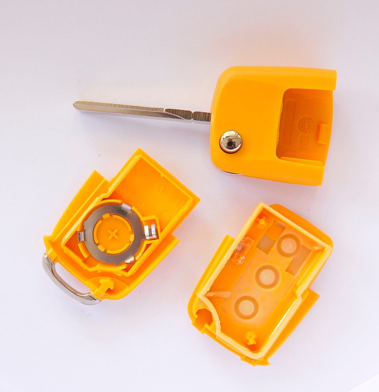 mt-key Auto Klapp Schlüssel 3 Tasten Orange + 1x Rohling HAA + 1x CR2032 Knopfzelle, CR2032 (3 V), für NEU VW SEAT SKODA ORANGE Funk Fernbedienung