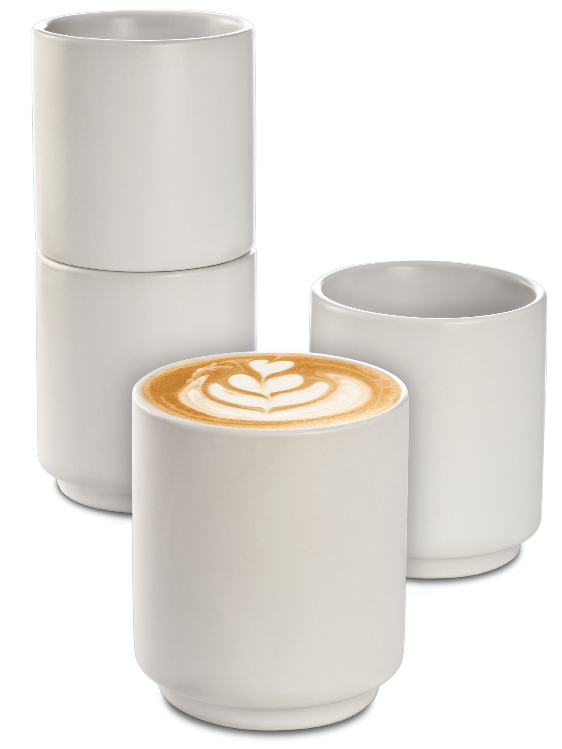 Cosumy Cappuccinotasse 4er Groß Cappuccino für Keramik 200 Keramik, ohne Weiß Art Tassen - Latte Henkel, Design Entworfen 200 Stapelbares - ml Set Matt Kaffee Hitzebeständiges ml