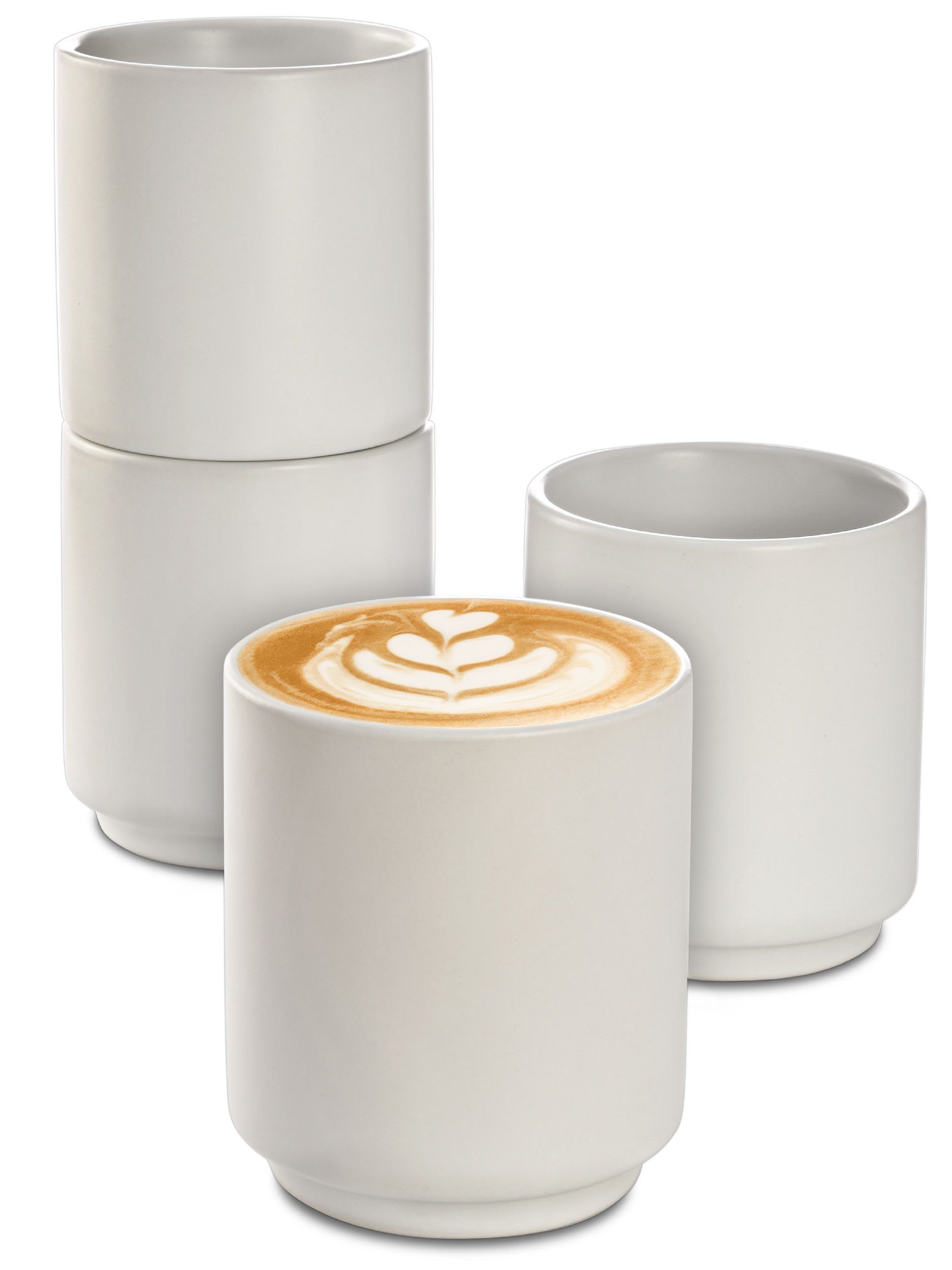 Hitzebeständiges ml Stapelbares ml Groß Design 4er 200 Keramik, ohne - Cappuccino Cosumy Henkel, Latte 200 Entworfen - Kaffee Tassen Keramik Art für Cappuccinotasse Set Weiß Matt