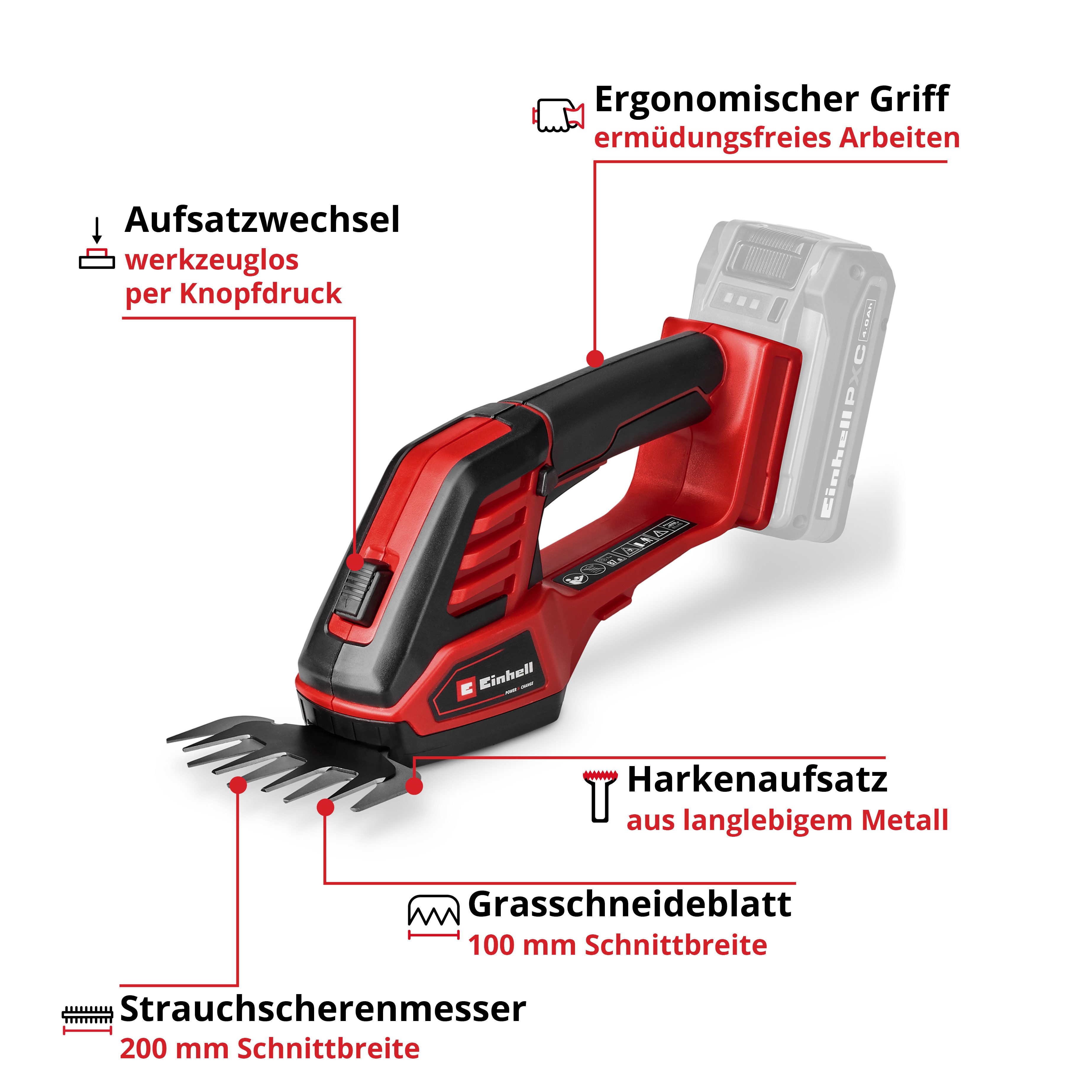 Einhell Akku-Grasschere GE- CG 18/100 Li - 3 in 1-Solo, ohne Akku und Ladegerät