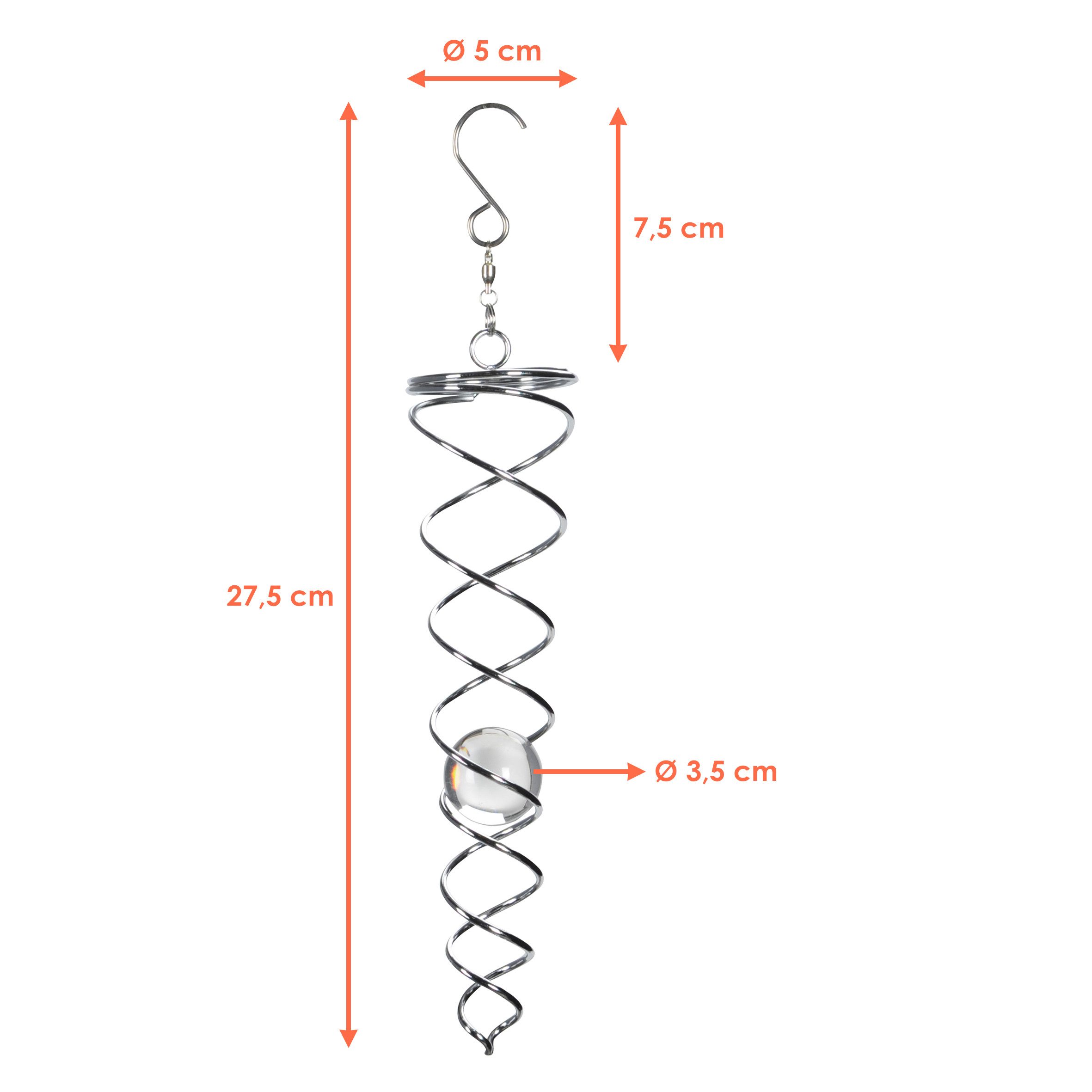 Spetebo Windspiel Metall Windspirale TWISTER silber (Stück, 1 St., Windspiel), Deko Windspiel mit Glas Kugel