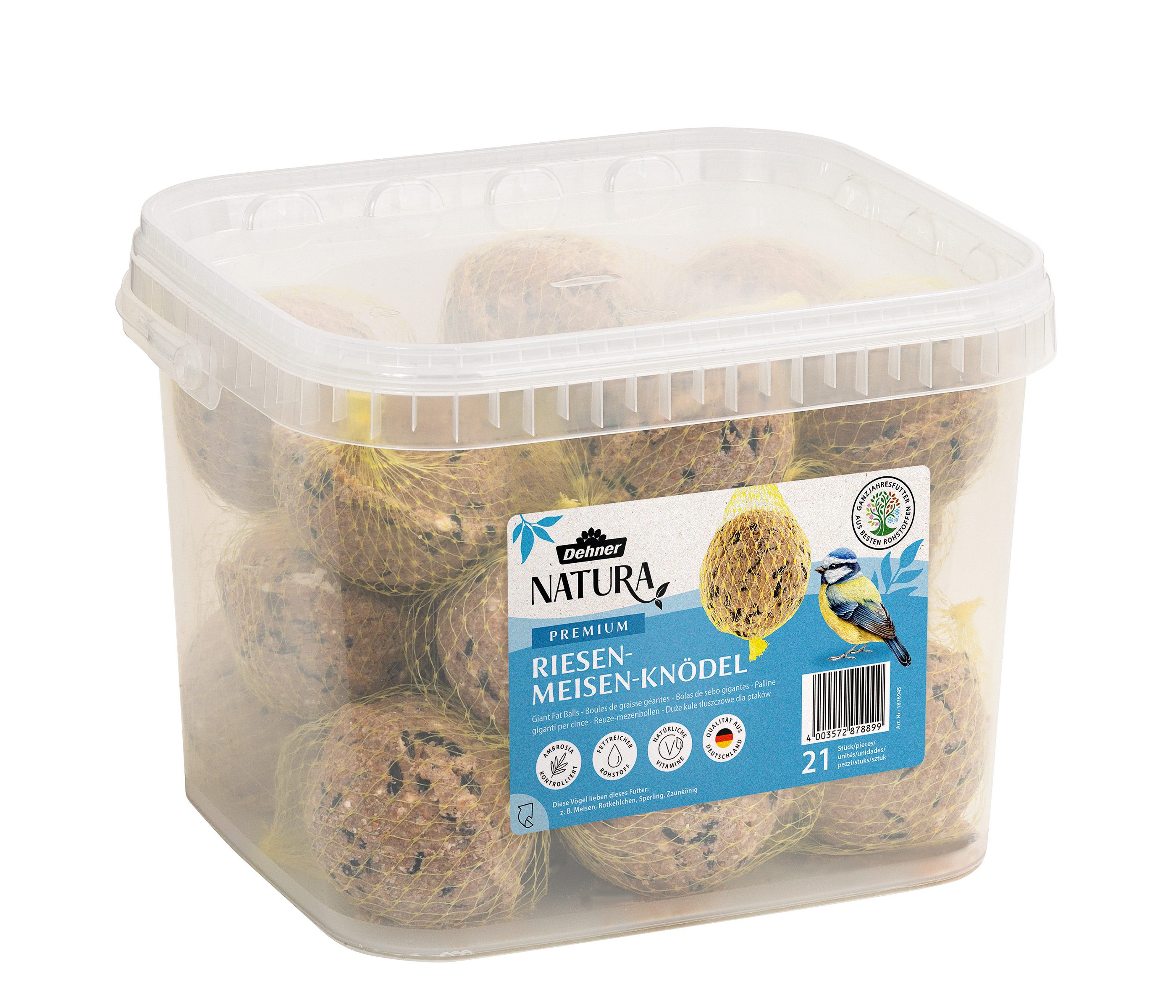 Dehner Natura RIESEN Meisenknödel, 21 Stück je 250 Gramm (5.25 kg), 5250g, XXL Größe, mit Netz, Wildvogelfutter zur ganzjährigen Fütterung