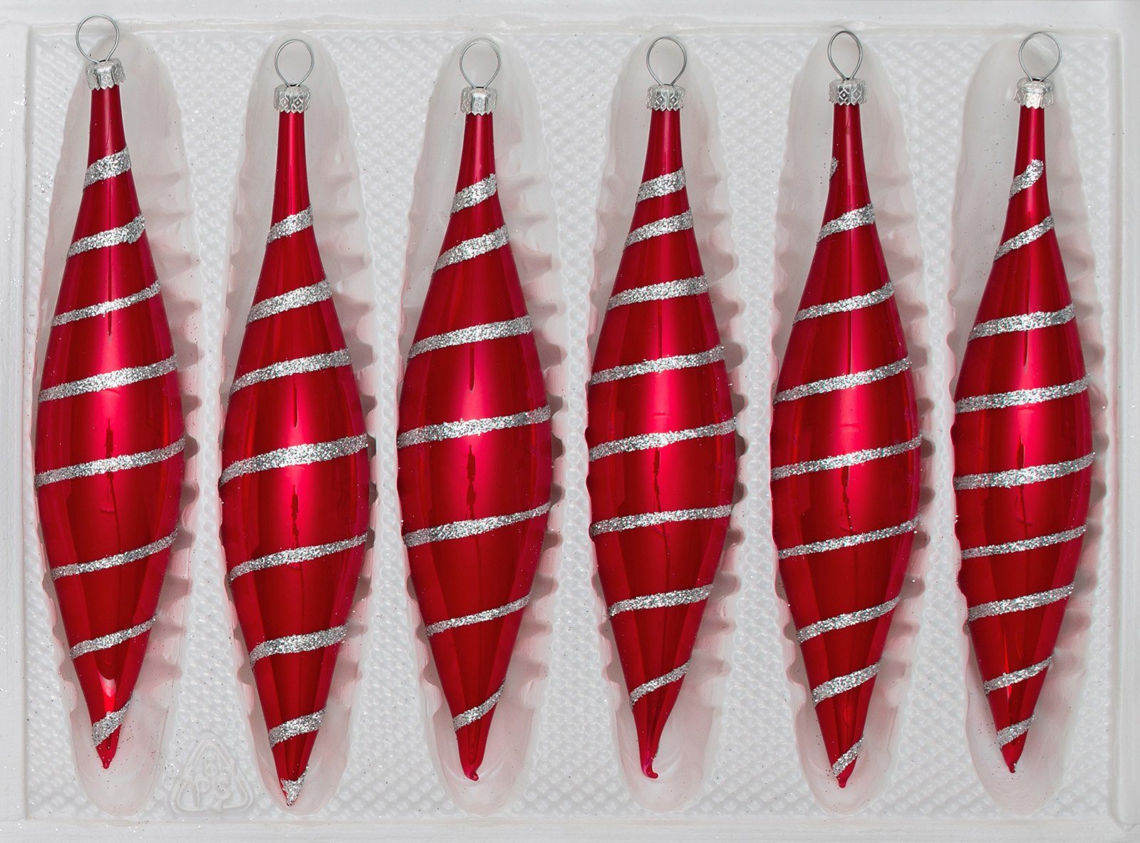 Navidacio Christbaumschmuck 6 tlg. Glas-Zapfen Set in Hochglanz Rot Candy Silberne-Spiralen