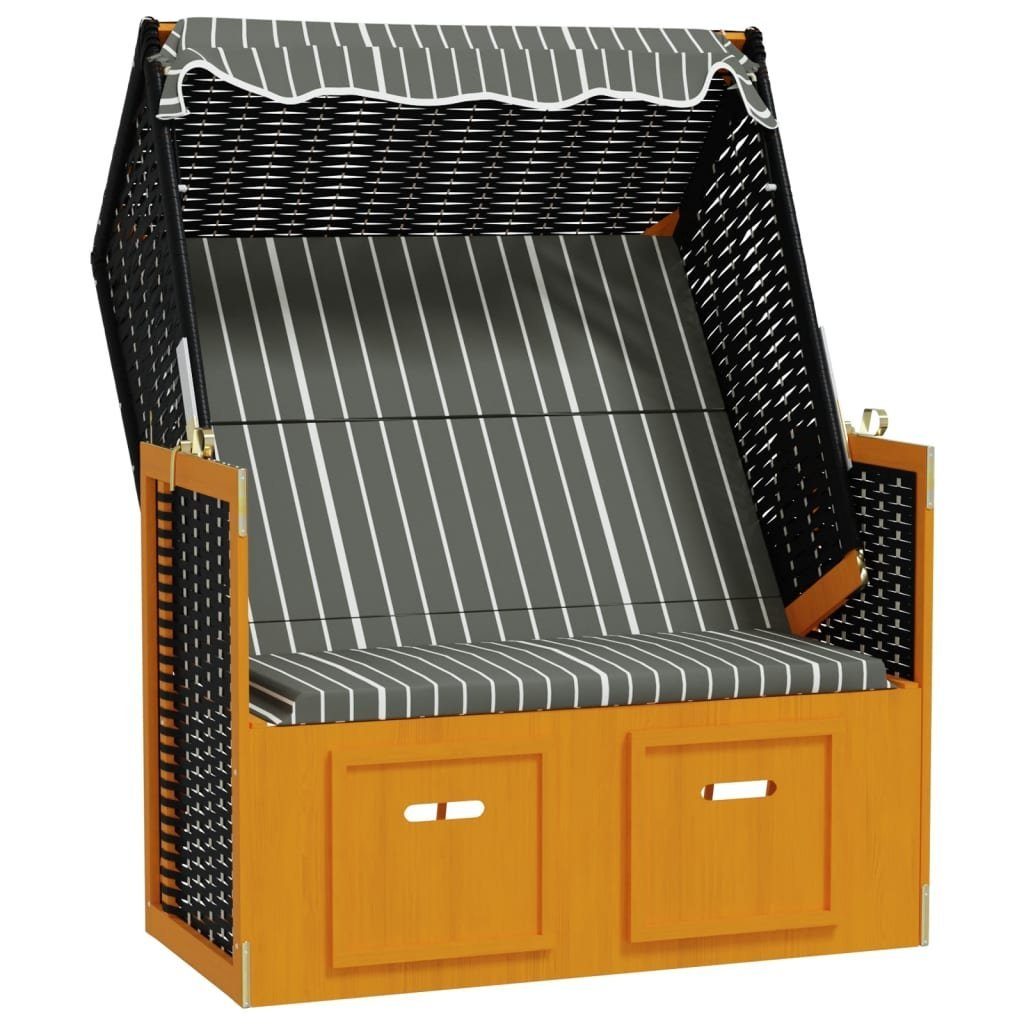 vidaXL Gartenliege Strandkorb Grau, Poly Rattan Grau Massivholz 1 Schwarz und und Dach mit Schwarz & St