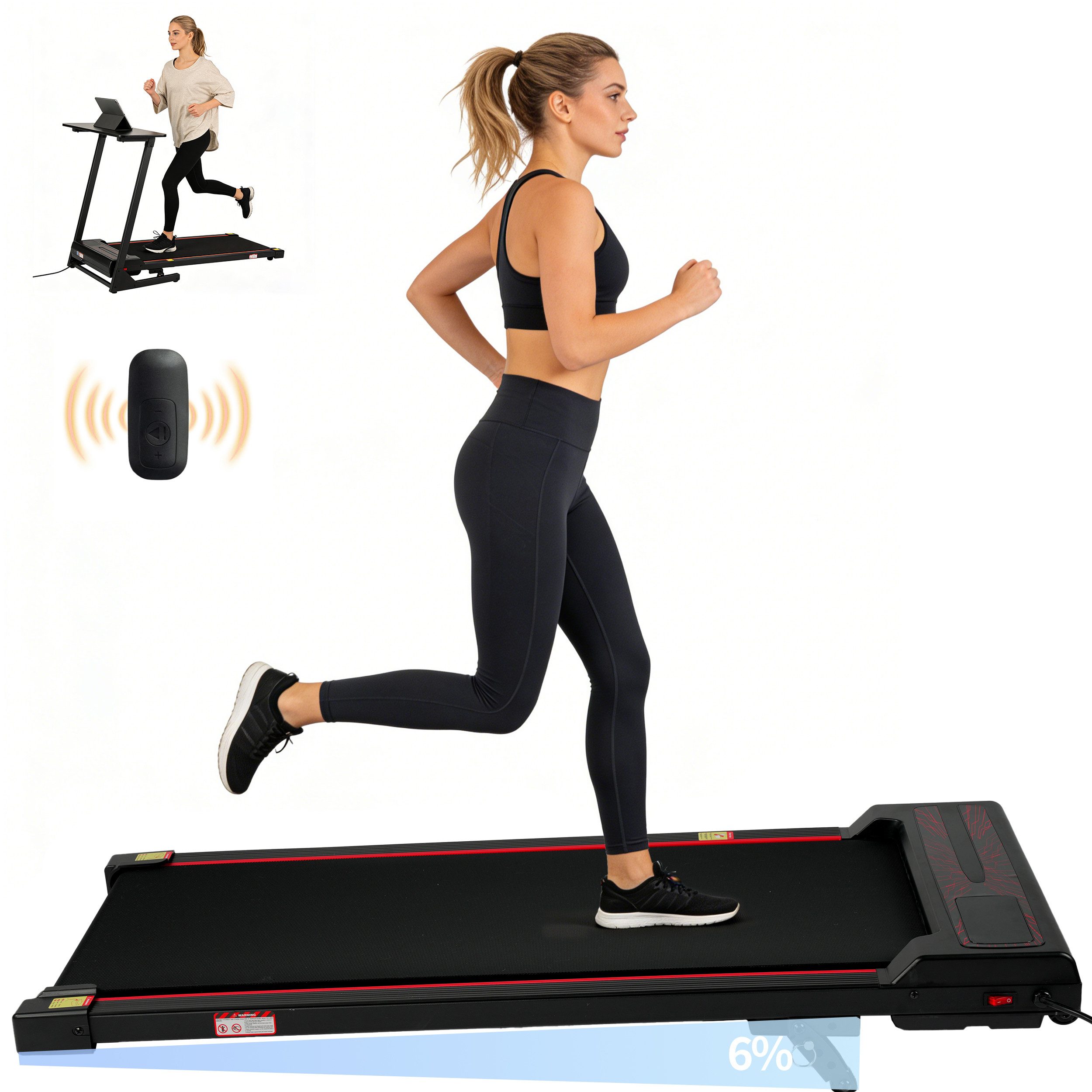 Vankel Laufband Walking Pad, Laufband klein für zur hause, 1–6 km/h, bis 110 kg (mit LED-Display & Fernbedienung), mit Steigung 6%, leise(Noise<45db) und kompakt