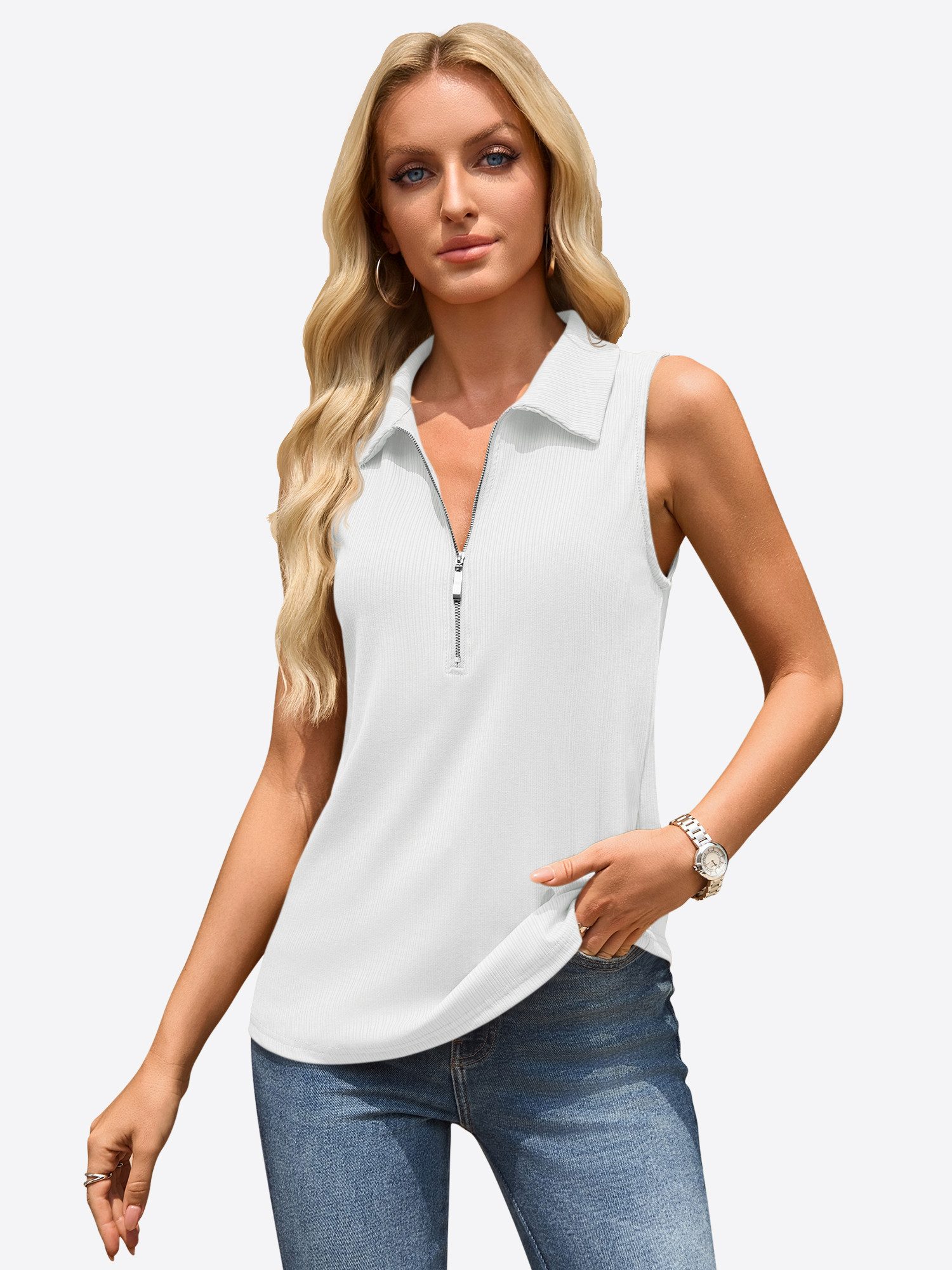Imily Bela Tanktop Damen Sommer gerippt ärmellos V-Ausschnitt Polo-Kragen (Packung, 1-tlg., 1per-Pack) mit Reißverschluss in Unifarbe