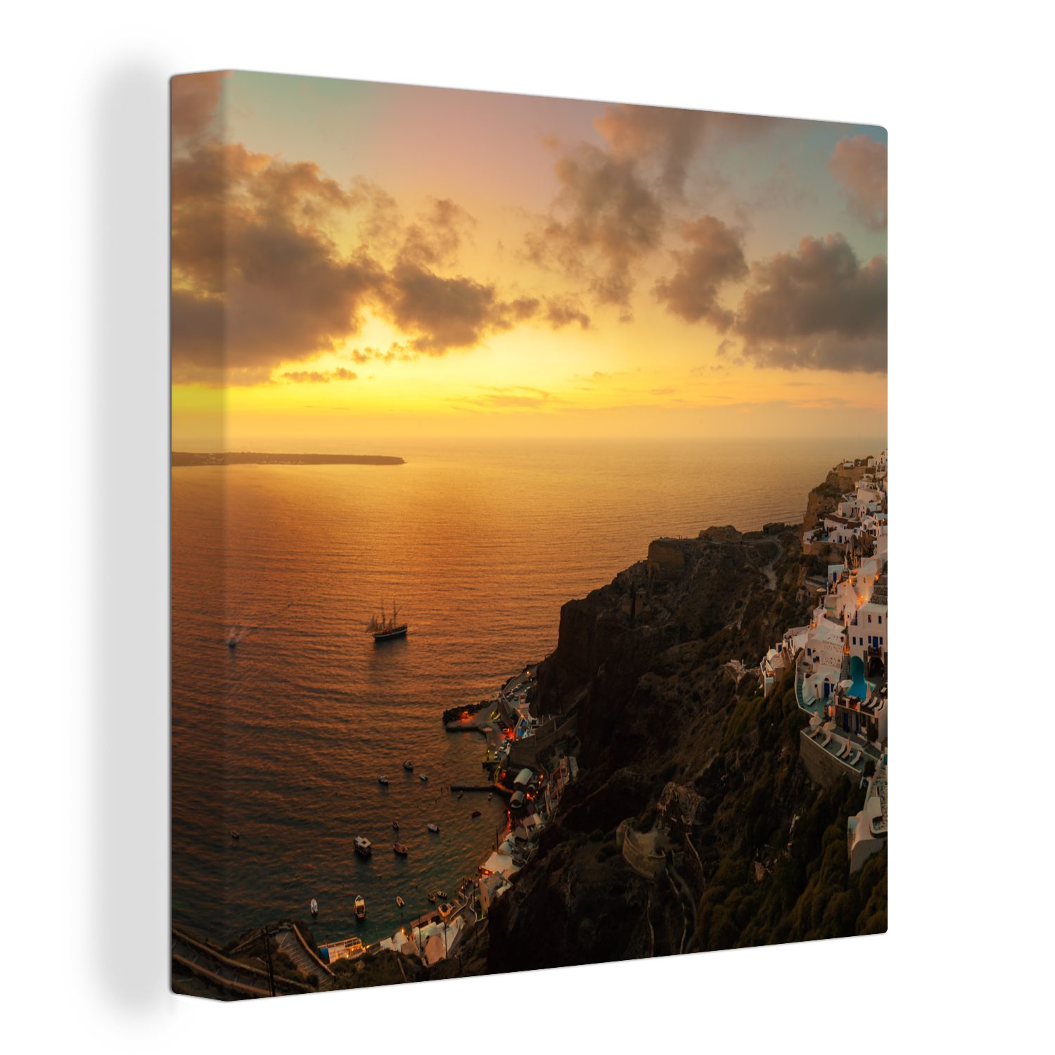 OneMillionCanvasses® Leinwandbild Das Fischerdorf von Santorini Griechenland bei Sonnenuntergang, (1 St), Leinwand Bilder für Wohnzimmer Schlafzimmer