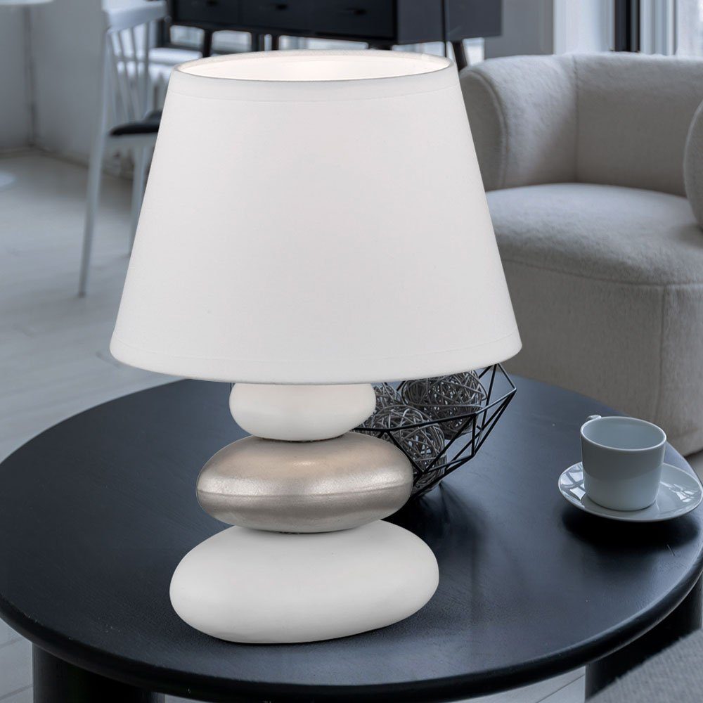etc-shop LED Beistelllampee Leuchtmittel Keramik weiß Tischleuchte Nachttischlampe silber Steine Tischleuchte, nicht inklusive